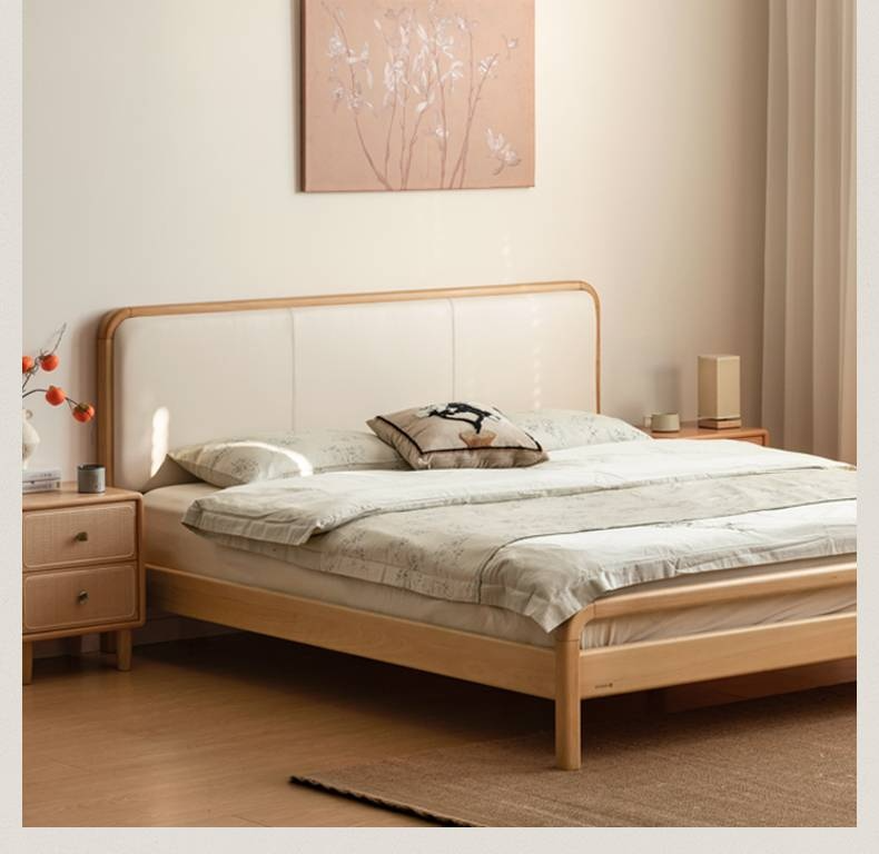 Beech Solid Wood Genuine Leather Soft Headboard Bed