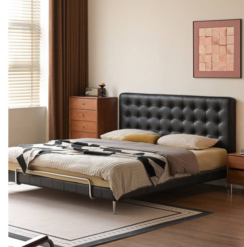 Genuine Leather Bed — Italian Light Luxury, Bauhaus Edge Design, Black Finish