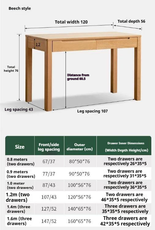 Oak, Beech Solid Wood Office Desk