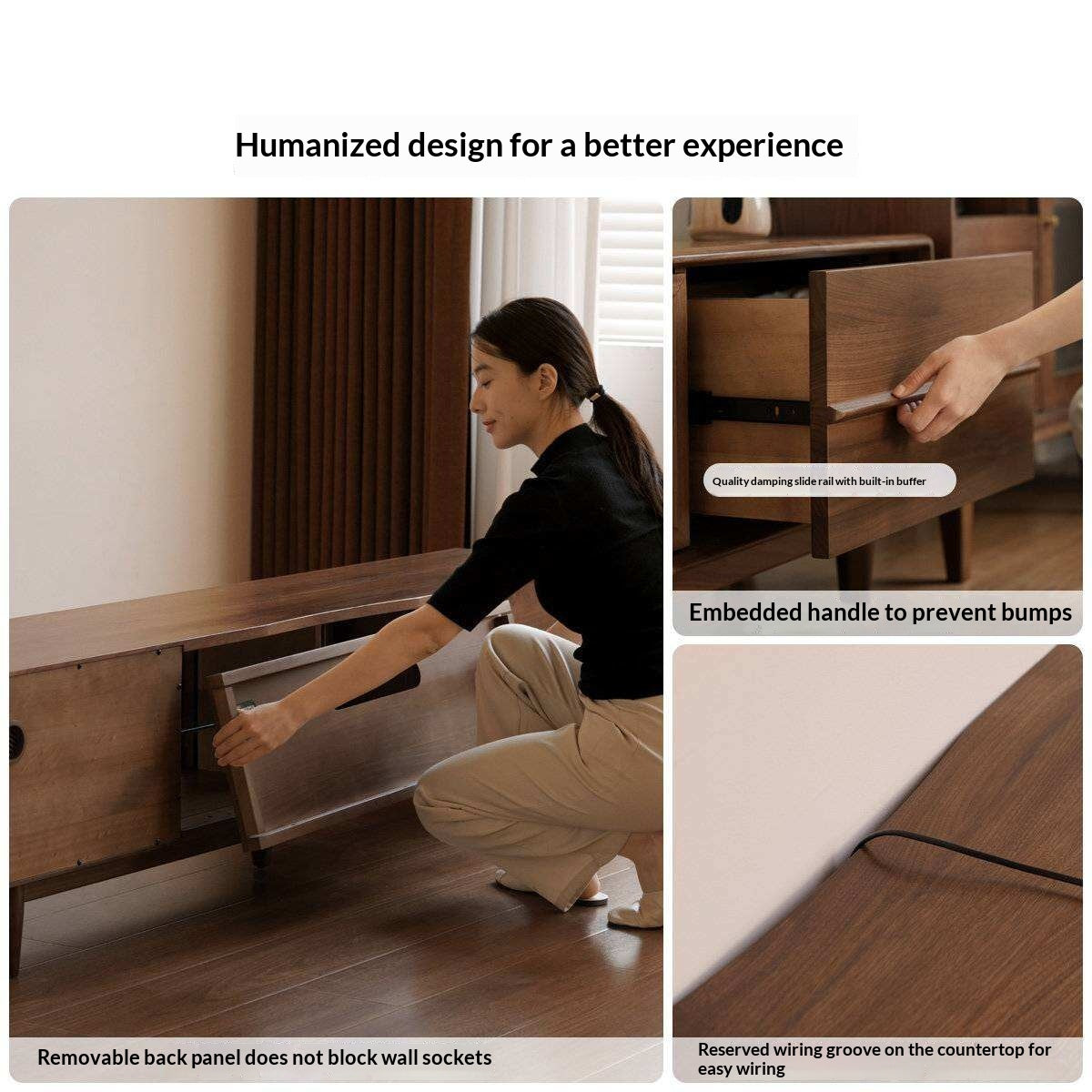 Black Walnut, Ash Solid Wood, Solid Longan Hardwood TV Cabinet with Sliding Door Storage