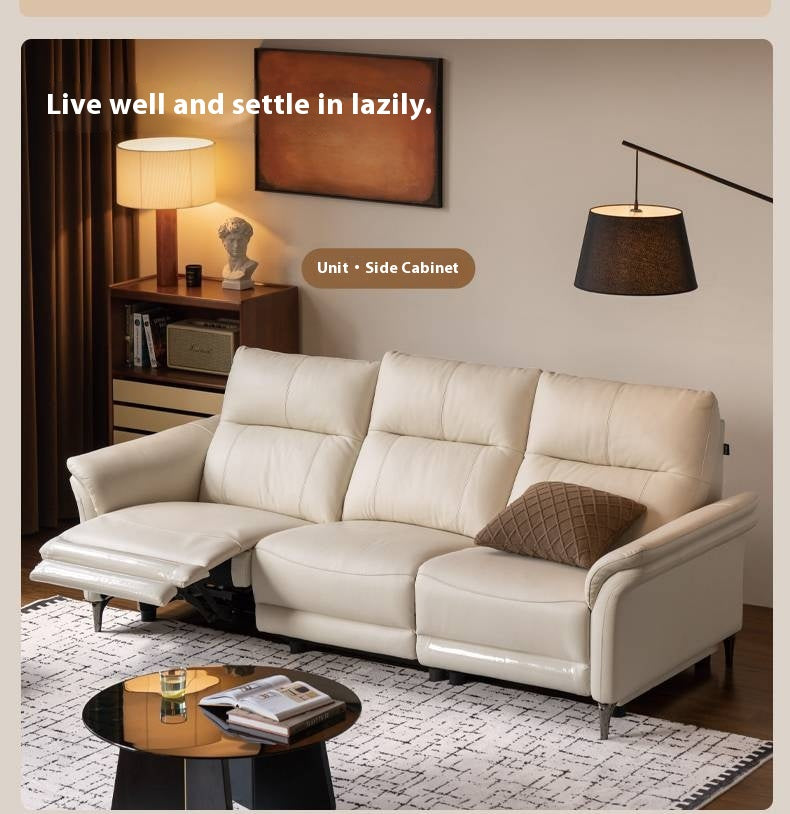 Pine Solid Wood Leather Sofa Cream Style Functional Electric