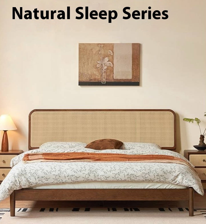 Oak Solid Wood Rattan Bed