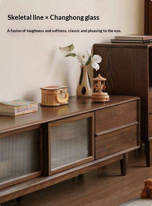 Black Walnut, Ash Solid Wood, Solid Longan Hardwood TV Cabinet with Sliding Door Storage
