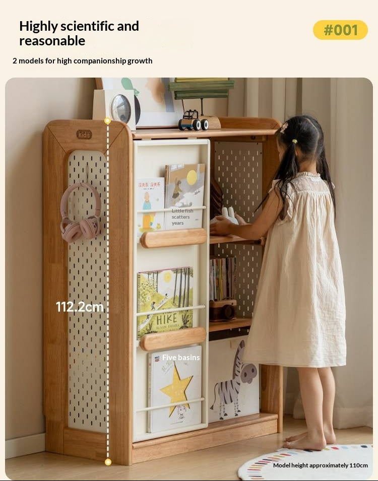 Solid Rubberwood Children's Bookcase with Sliding Doors and Toy Storage
