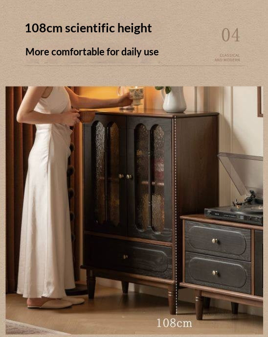 Black Walnut Solid Wood Vintage Curio Cabinet with Rippled Glass Doors and Brass Hardware