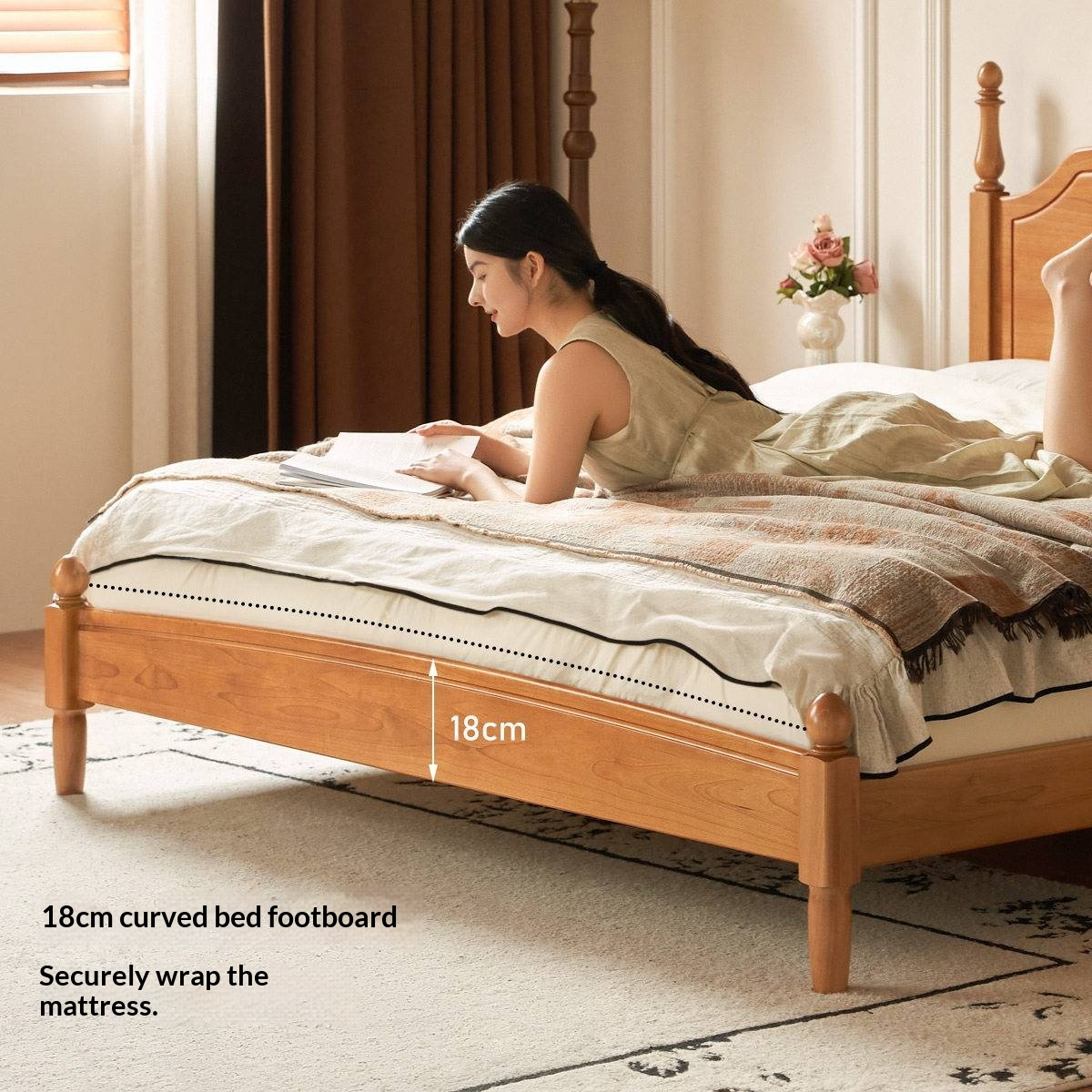 Birch Solid Wood Bed — French Retro Style, Large Slab Design, Mid-Range Style