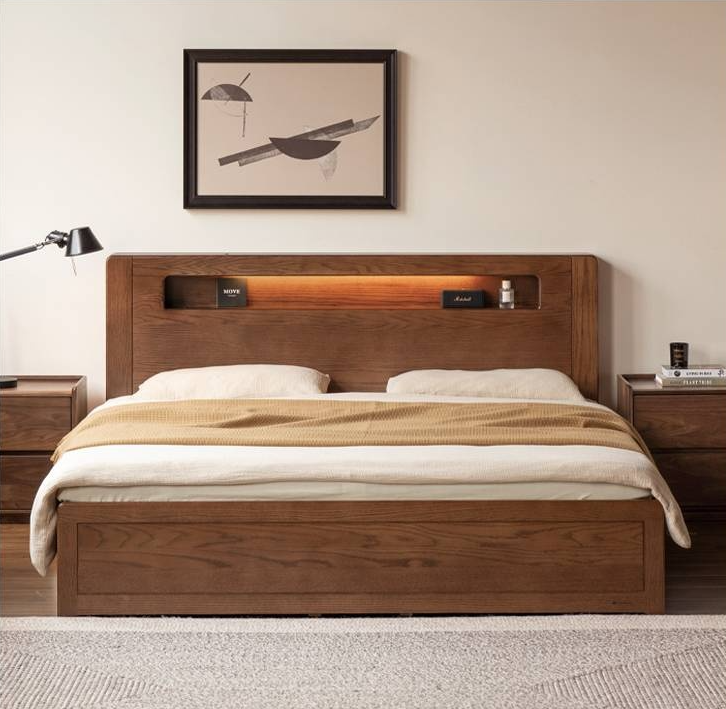 Oak Solid Wood Modern Minimalist Multifunctional with Light Box Bed