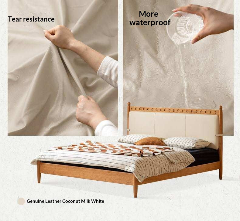 Cherry Solid Wood Double Bed with Vintage Style and Leather Upholstered Headboard