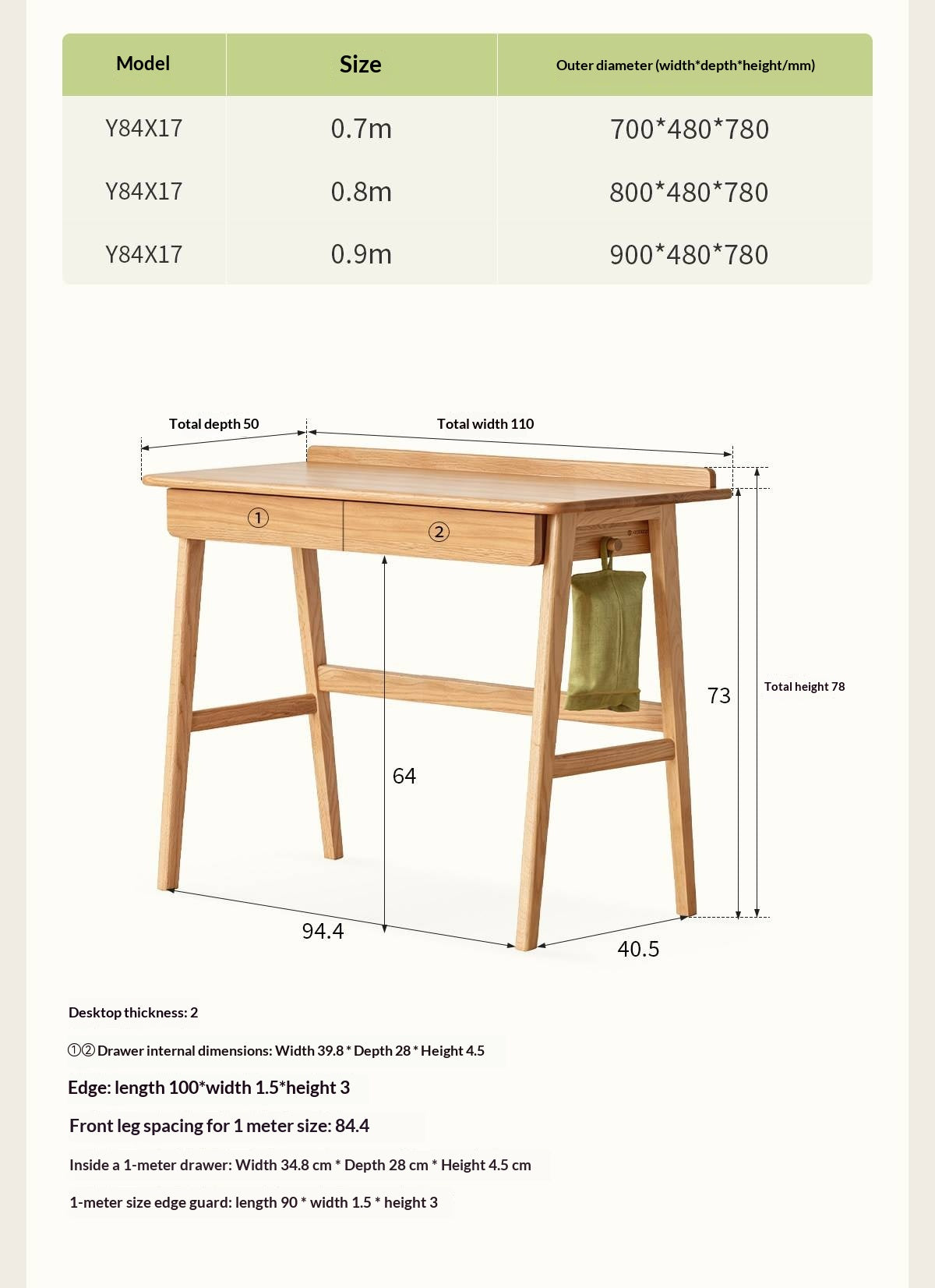 Oak Solid Wood small Office Desk with a drawer
