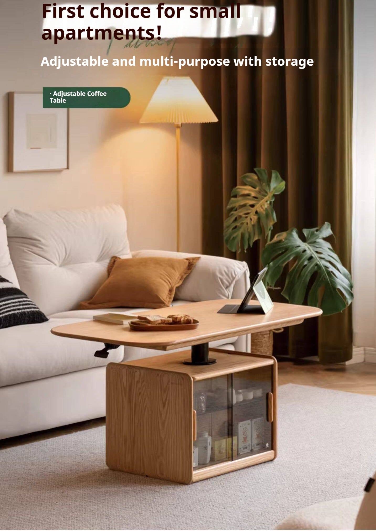 Oak Solid Wood Elevating Folding Storage Lifting Coffee Table