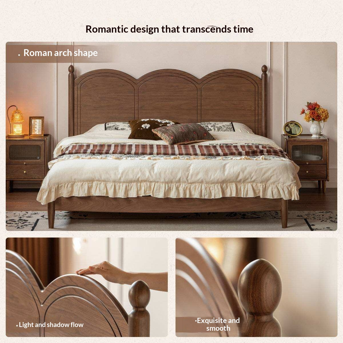 Black Walnut Solid Wood Bed with Arched French Country Headboard and Spindle Legs
