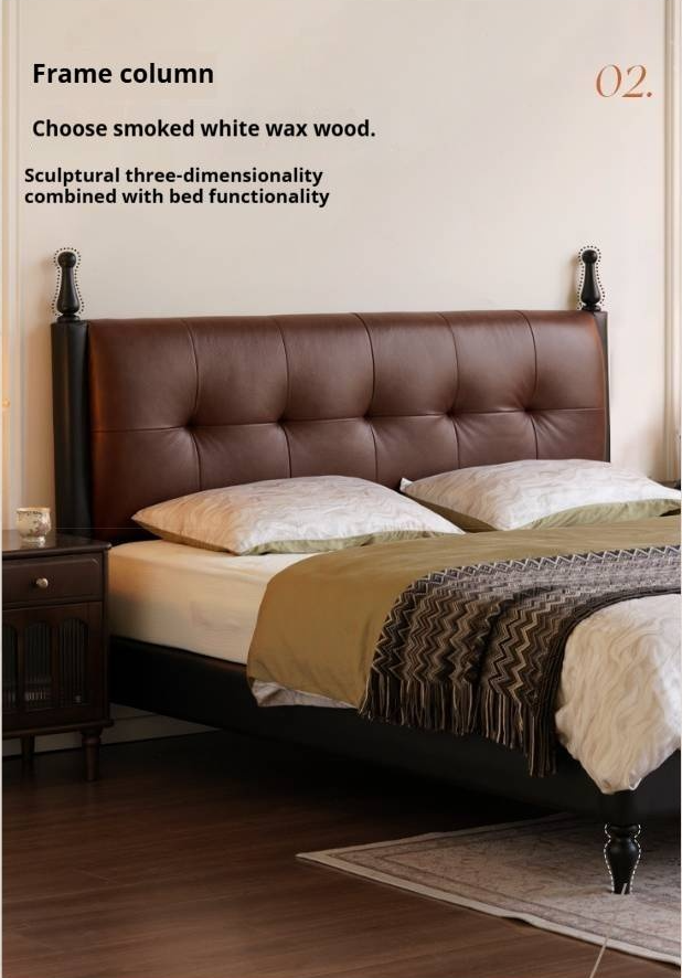 Luxury Genuine Leather Soft Backrest Bed, American Retro Style