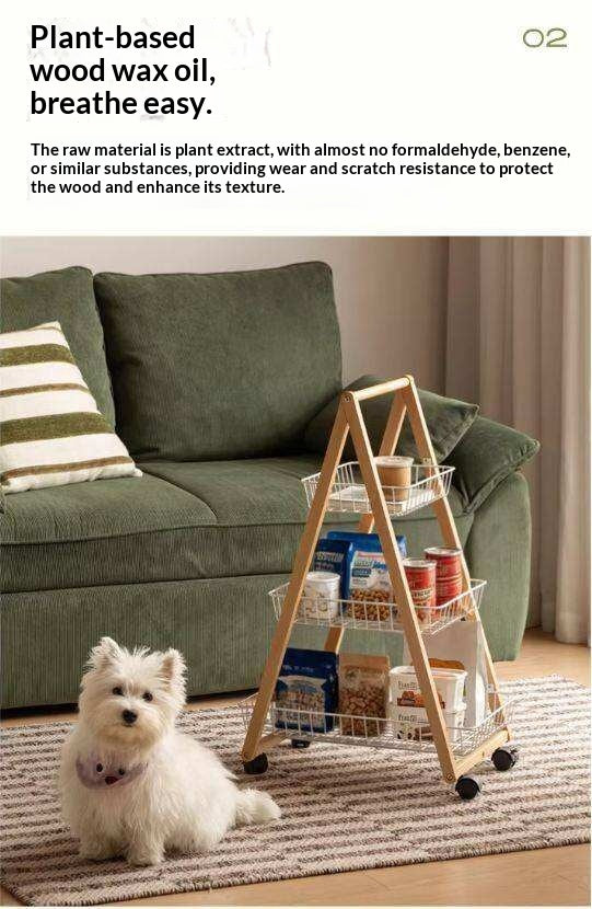 Beech Solid Wood Storage Rack with Multi-Layer and Mobile Trolley