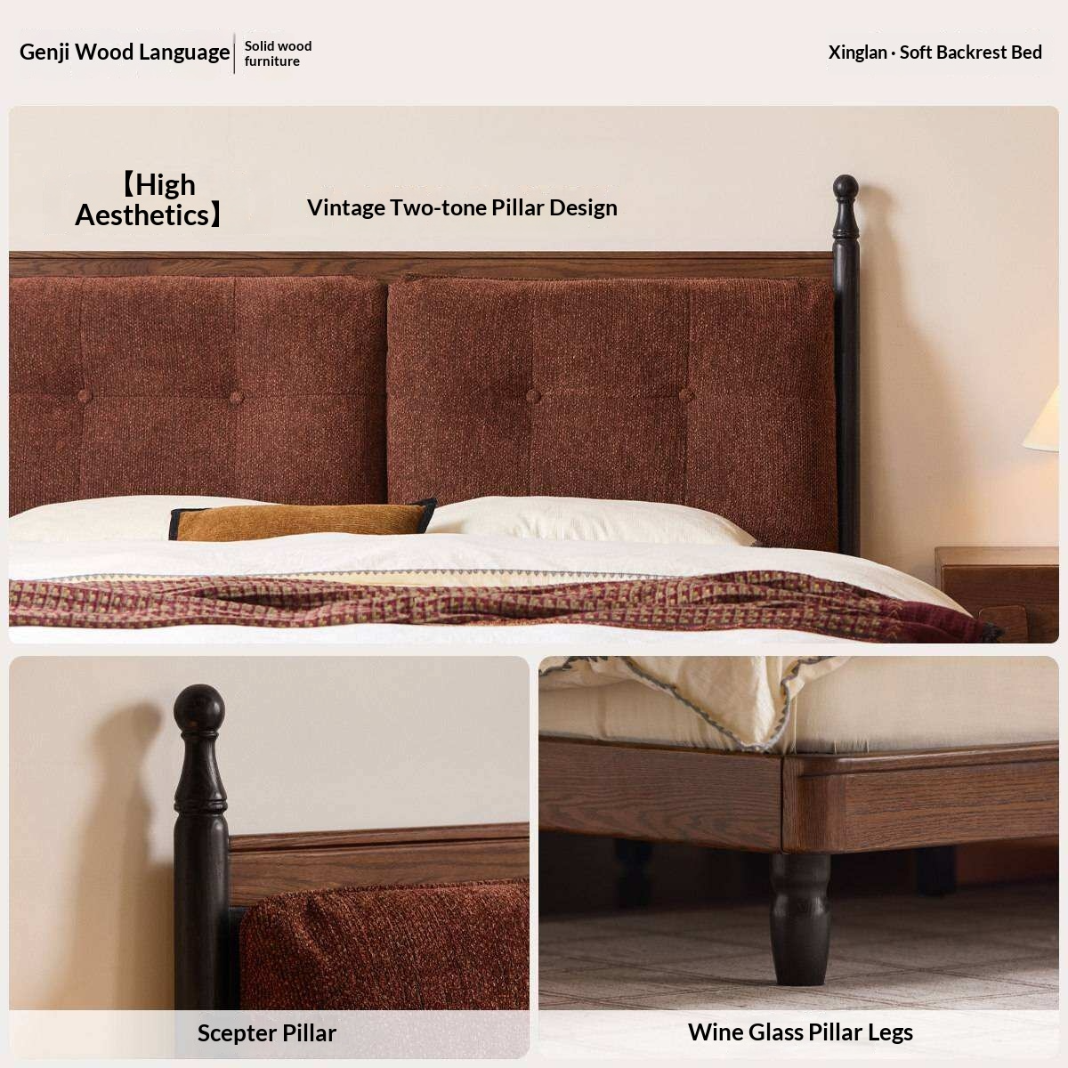 Oak Solid Wood Four Poster Bed with Tufted Headboard