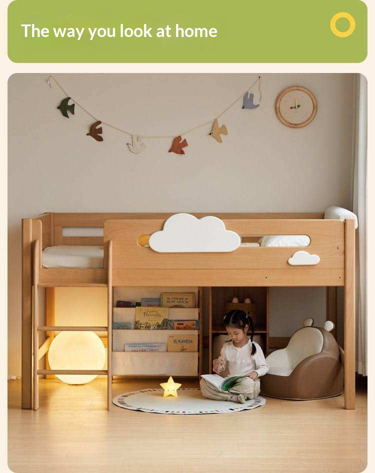 Beech Solid Wood Children's Loft Bed with Under-Table and Storage