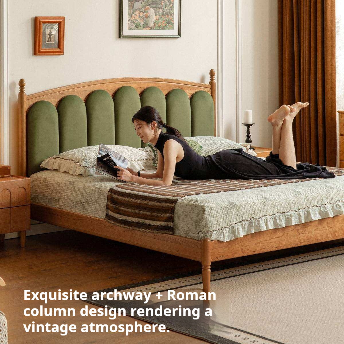 Cherry Solid Wood Genuine Leather, Velvet French-Inspired Scalloped Headboard Bed