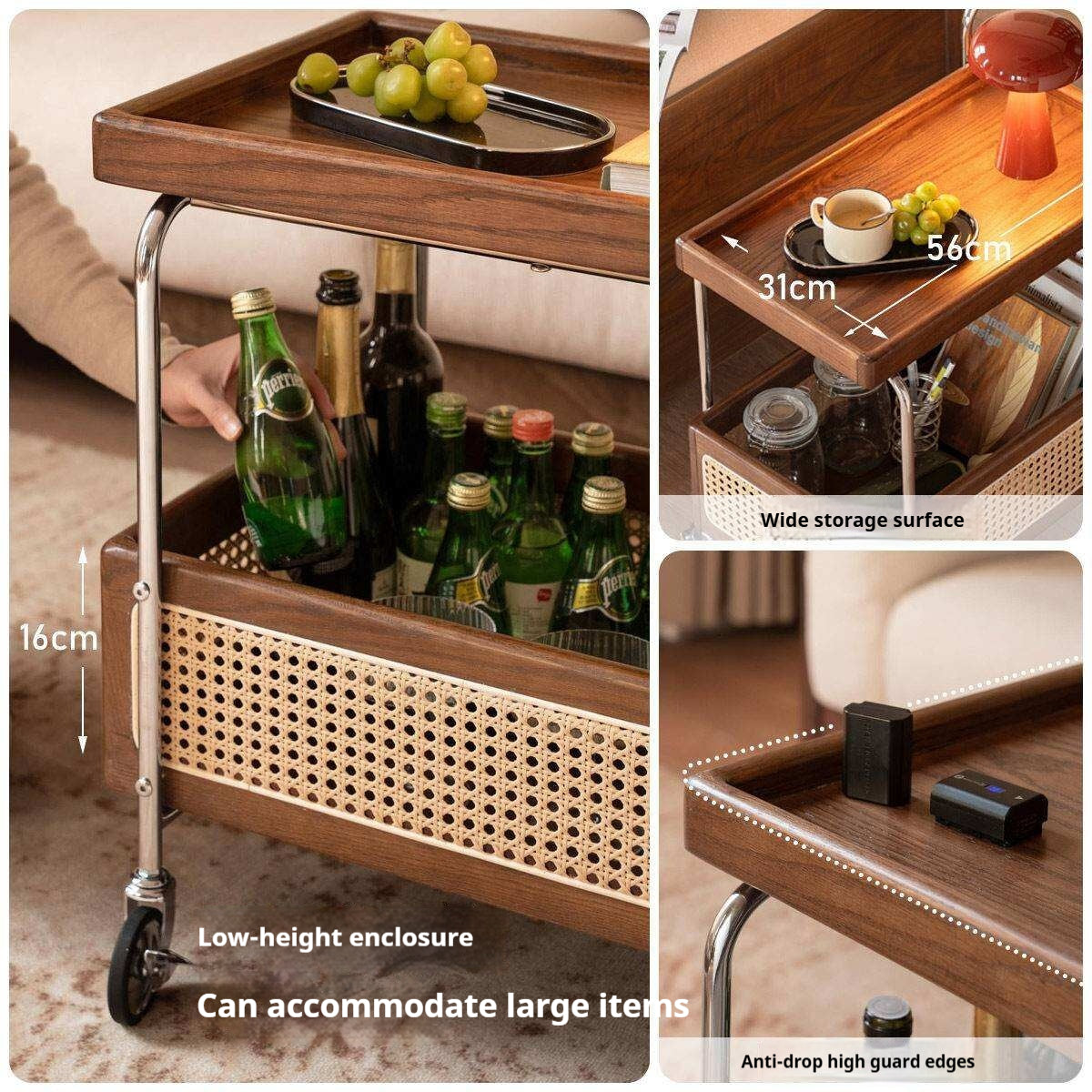 Oak Solid Wood Side Table with Double Layer Storage and Mobile Trolley