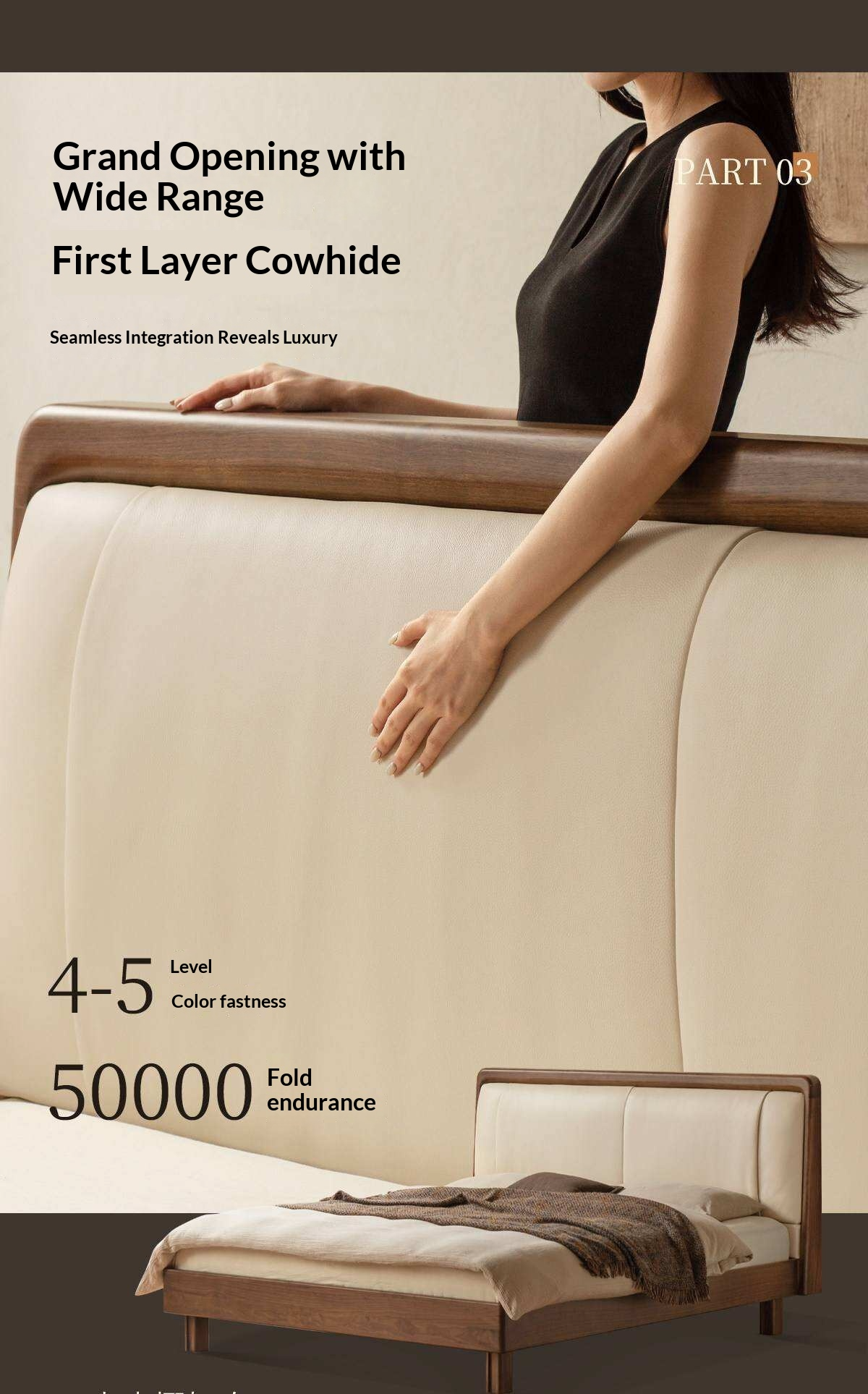 Black Walnut Solid Wood Italian Genuine Leather Bed with Down-Filled Upholstered Headboard