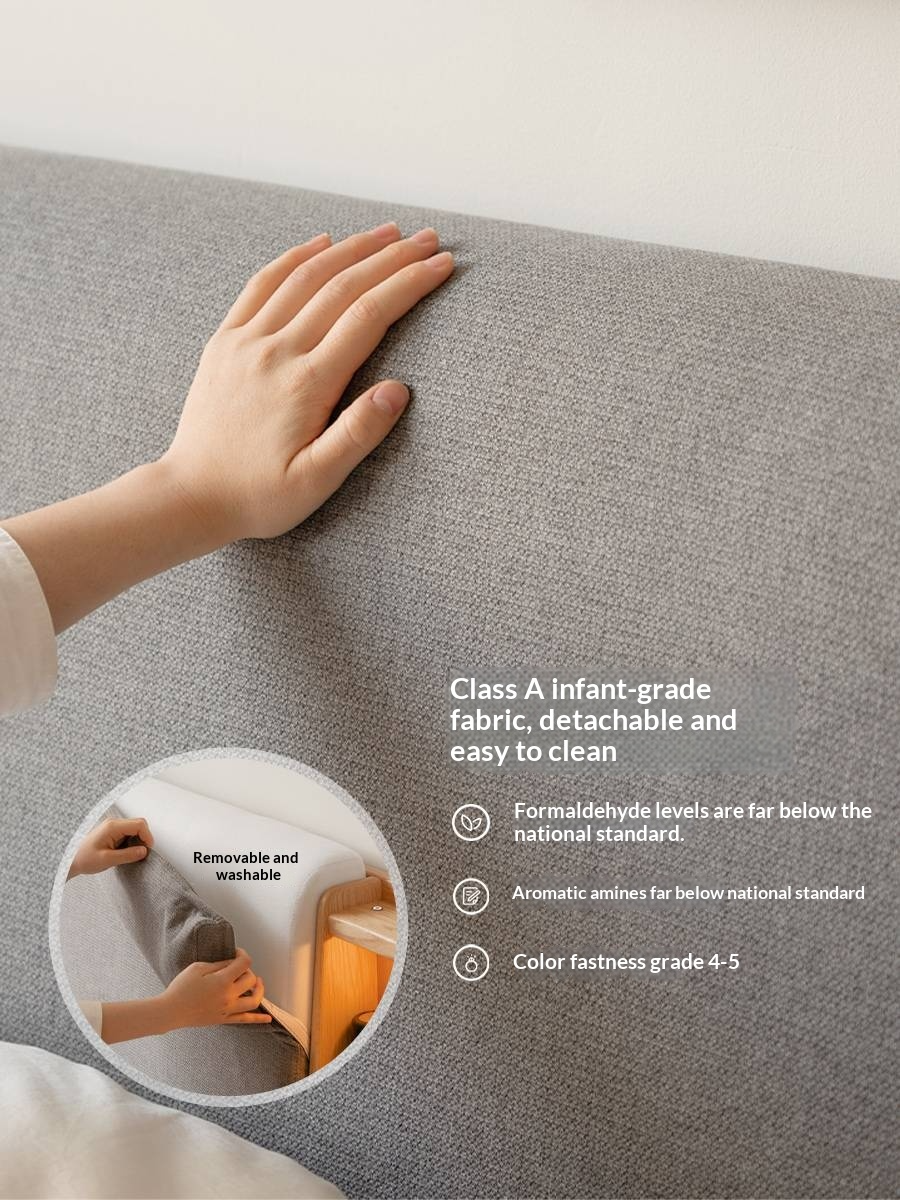 Oak Solid Wood Bed with Genuine Leather and Light Upholstery