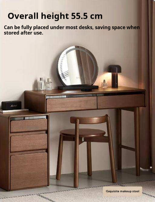 Black Walnut, Oak Solid Wood Low Back Makeup Stool with Round Seat