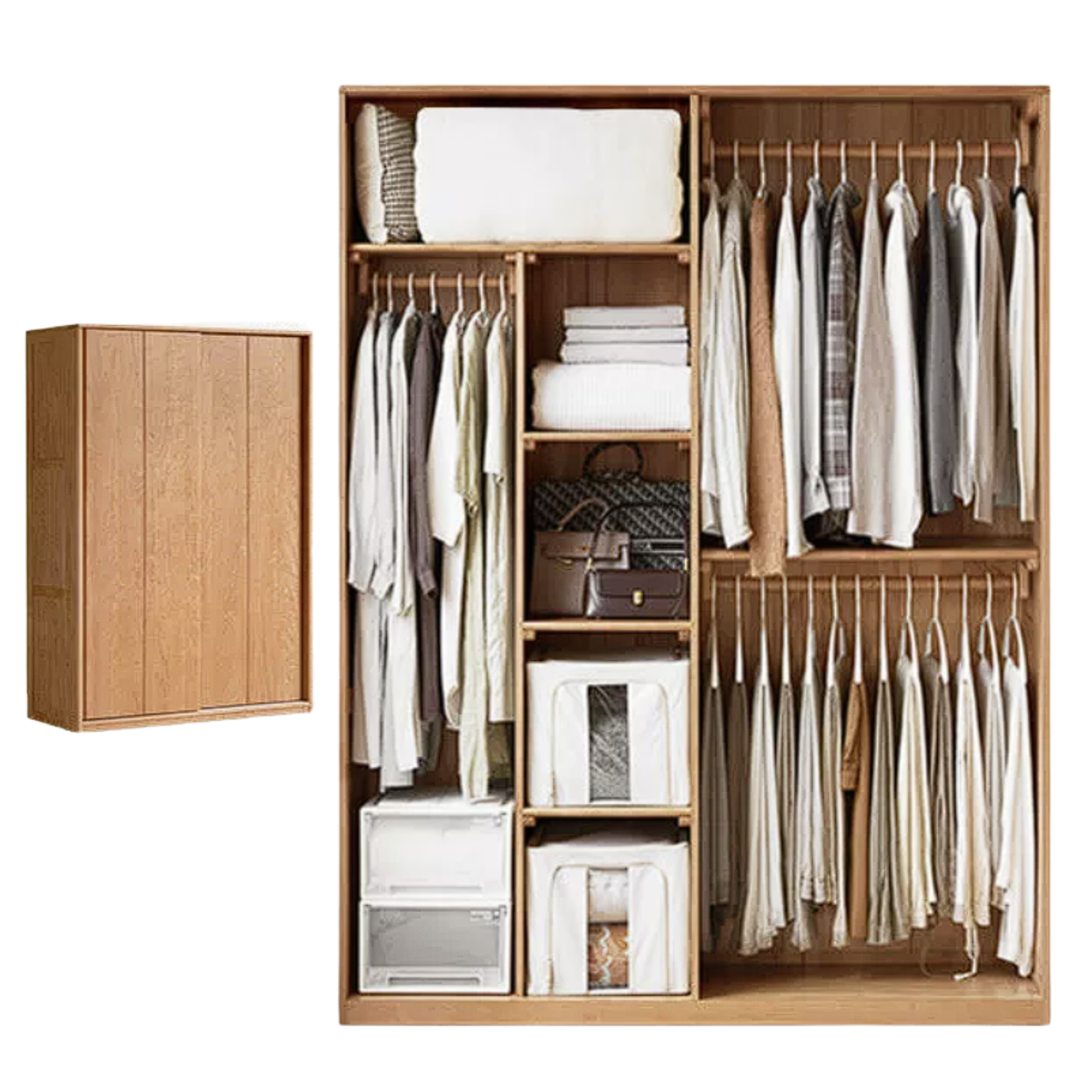 Cherry Wood Sliding Door Wardrobe Armoire with Hanging Rod and Shelves