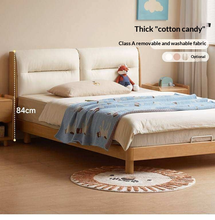 Beech Solid Wood Adjustable Height Kids Bed with Upholstered Segmented Headboard