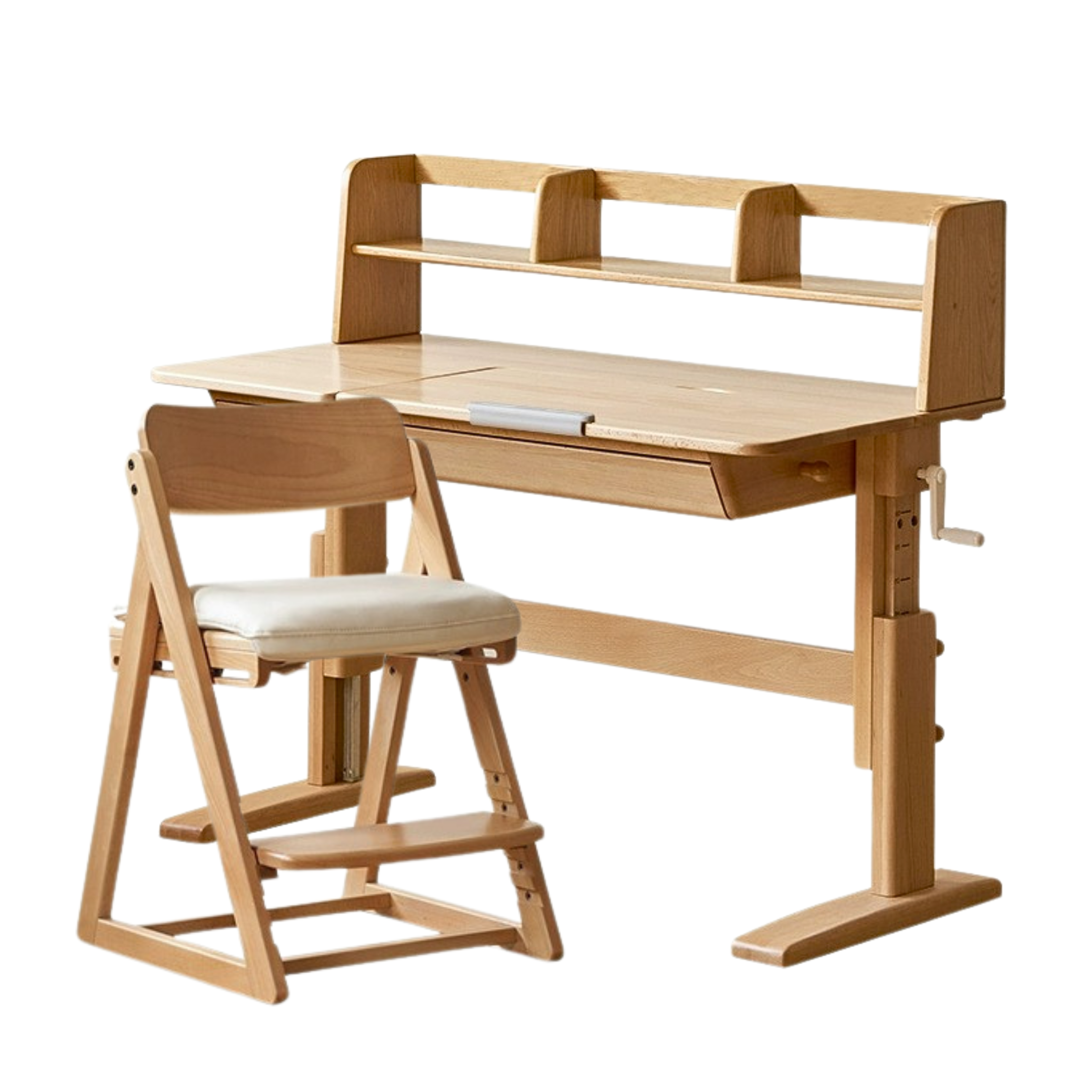 Beech Solid Wood lifting kids table with self/chair/high shelf