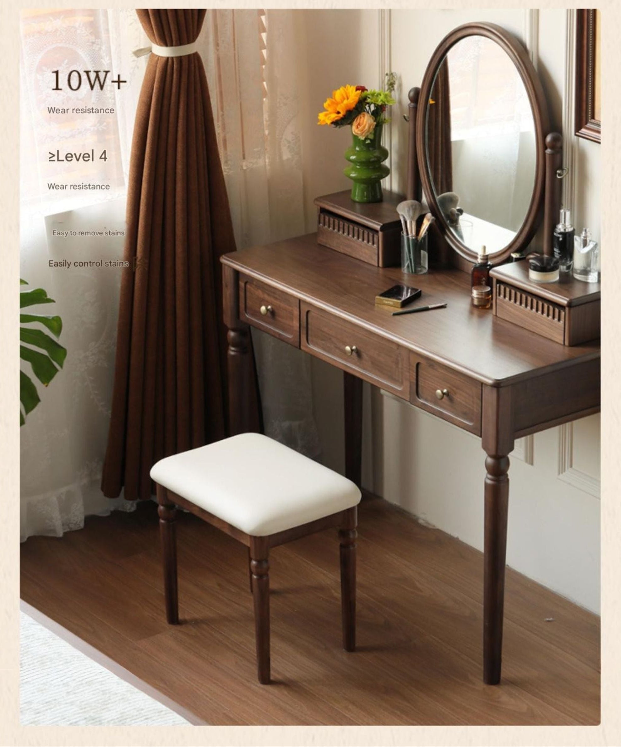 Black Walnut Solid Wood American Retro Makeup Stool