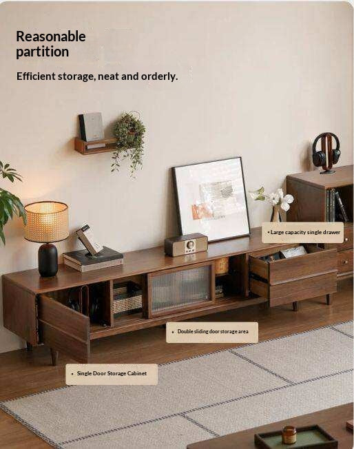 Black Walnut, Ash Solid Wood, Solid Longan Hardwood TV Cabinet with Sliding Door Storage