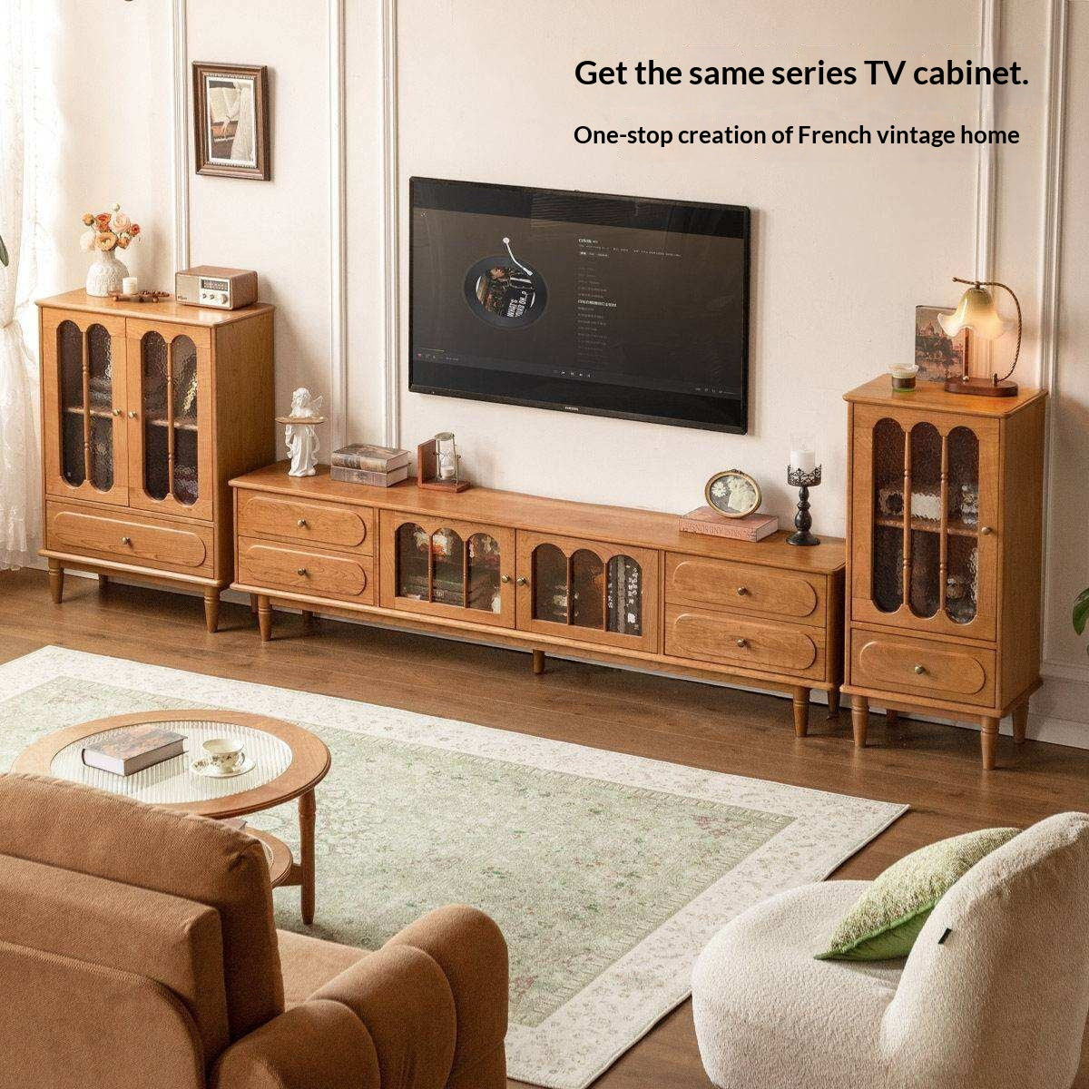 Cherry Solid Wood Side Cabinet with Glass Panels and Storage Shelves