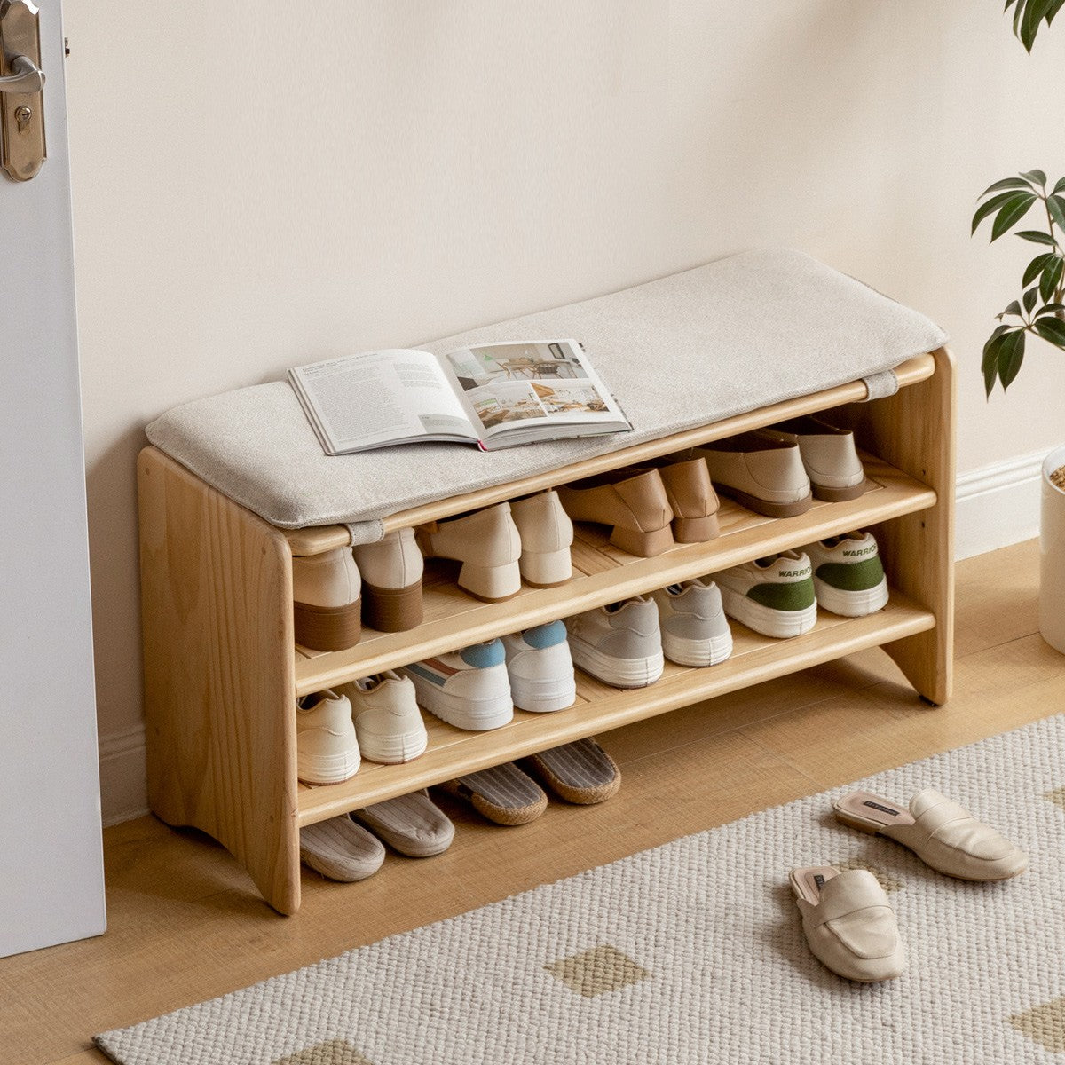 Pine Solid Wood Shoe Bench Multi-layer Log Shoe Rack