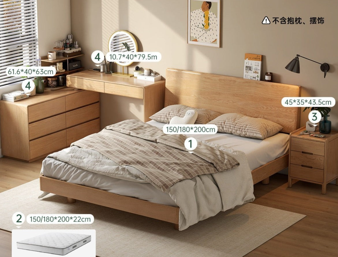 Oak solid wood bed bedroom furniture combination set.