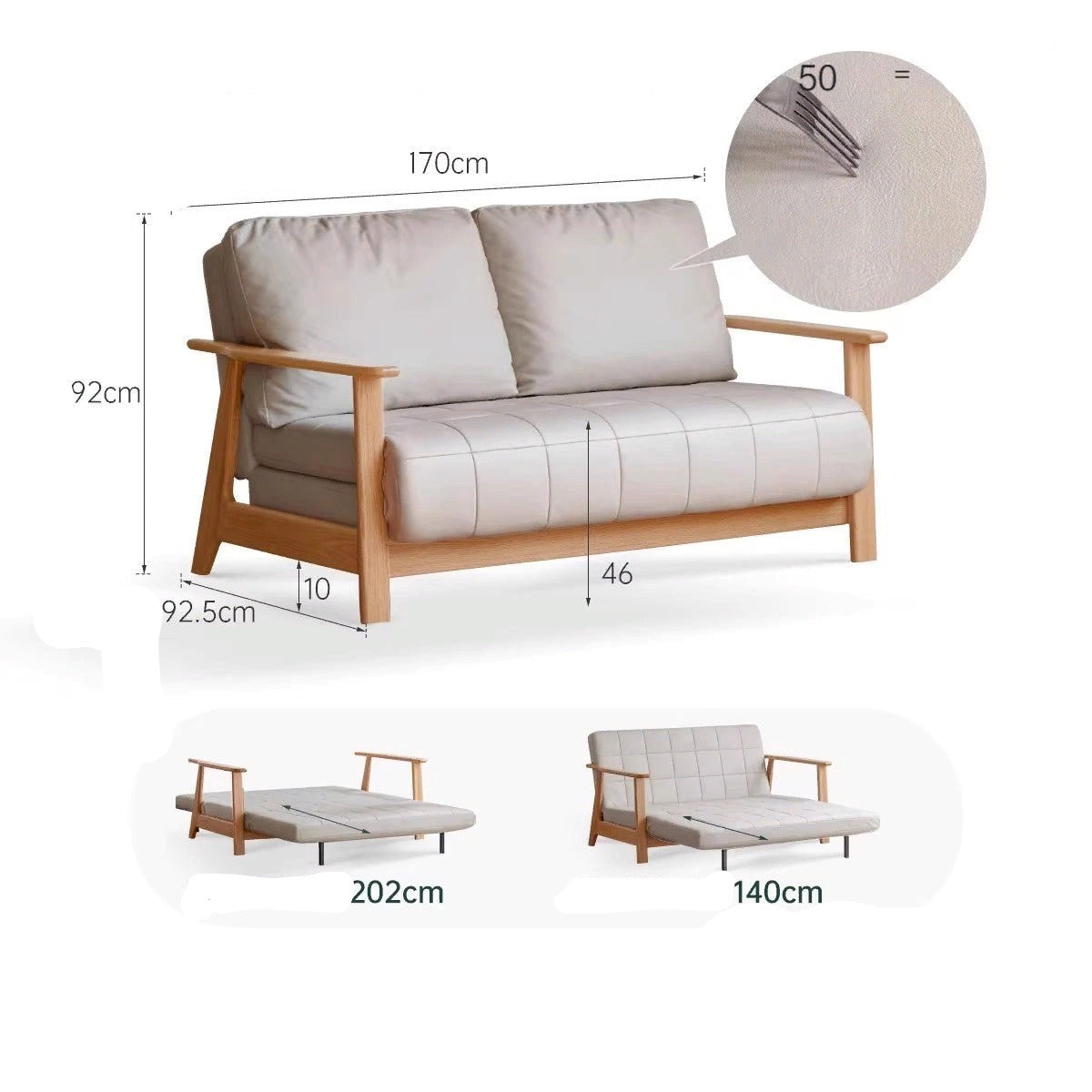 Oak Solid Wood Sofa Bed Folding Technology Fabric+