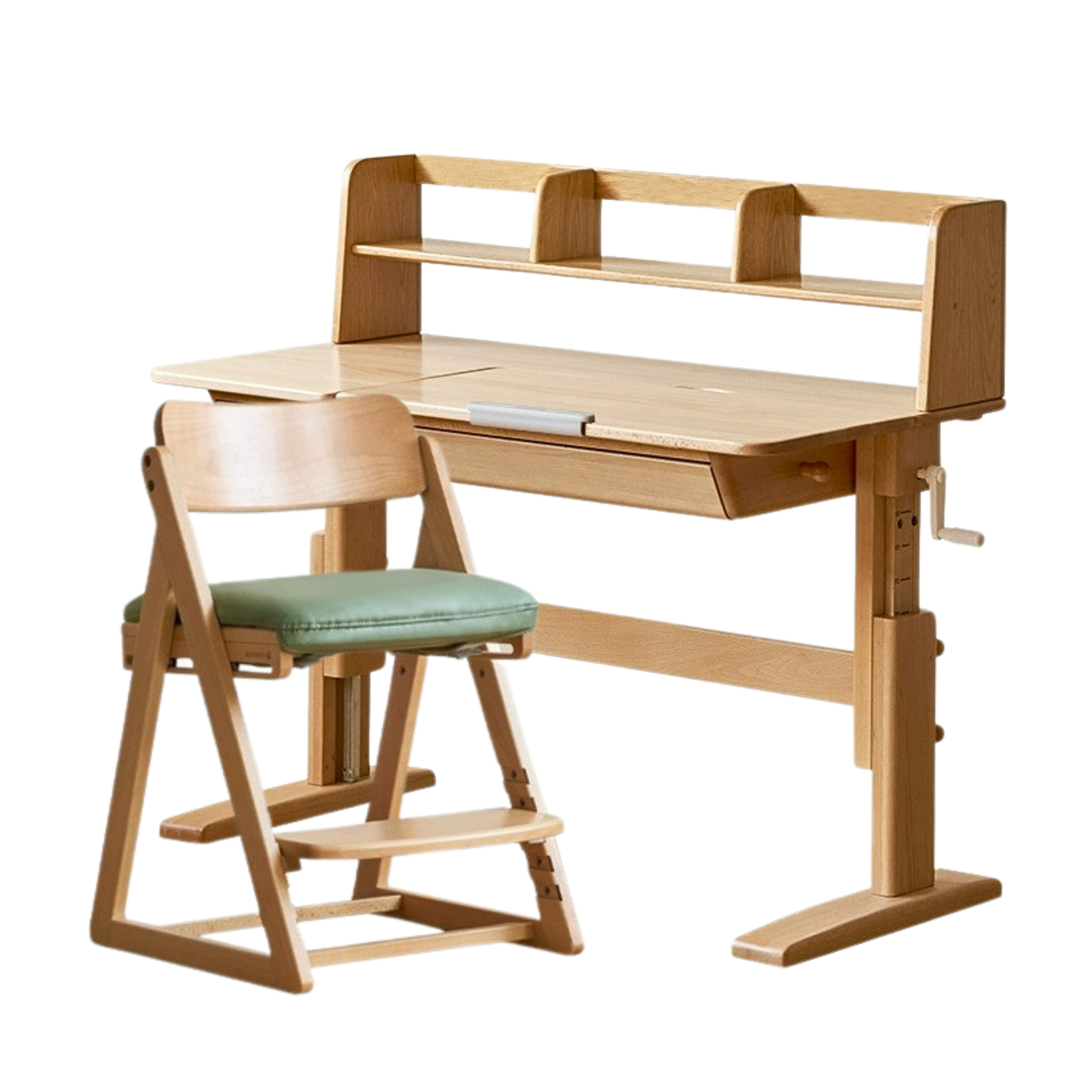 Beech Solid Wood Lifting Kids Table With Self/Chair/High Shelf