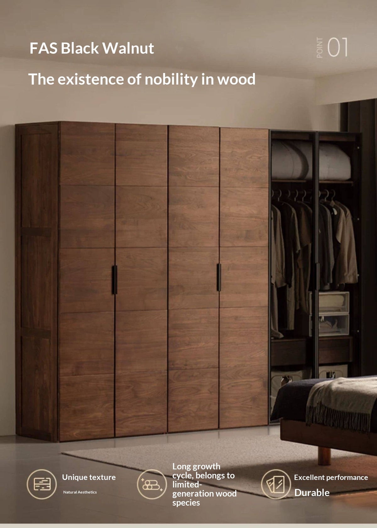Black Walnut Solid Wood Wardrobe Combination Storage Cabinet