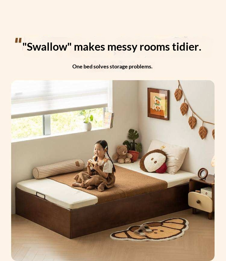 Rubberwood Solid Wood Storage Bed with No Headboard and Side-Opening Lid