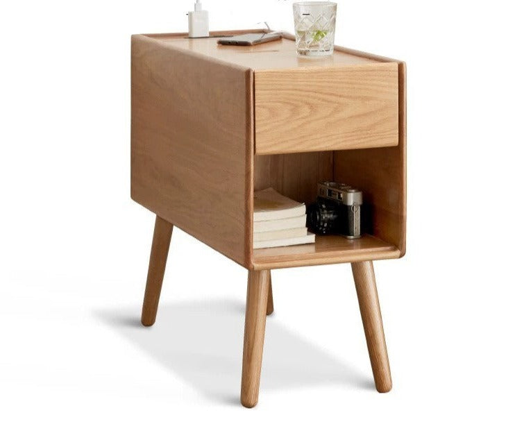 Oak Solid Wood Narrow Side Table, Flip Door Storage Cabinet -