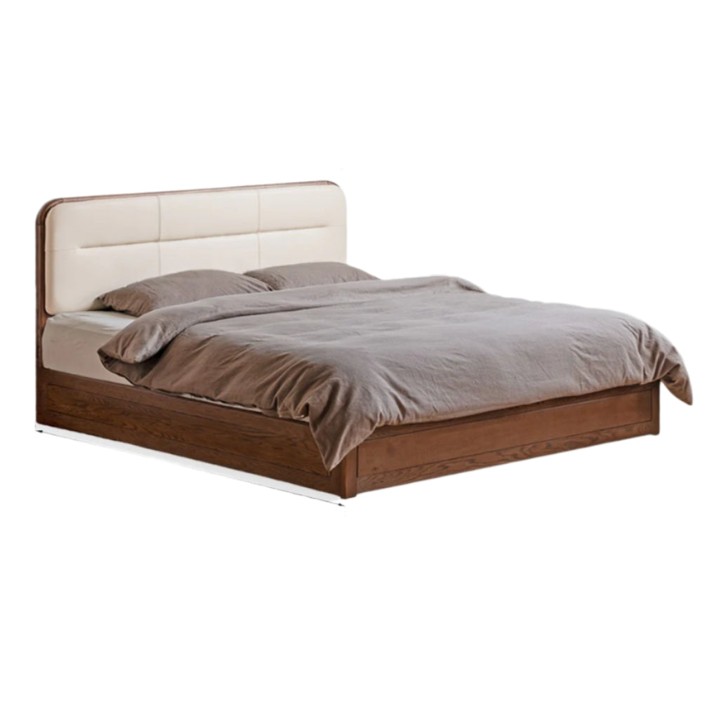 Oak Solid Wood Modern Genuine Leather, Organic Leather Storage Bed