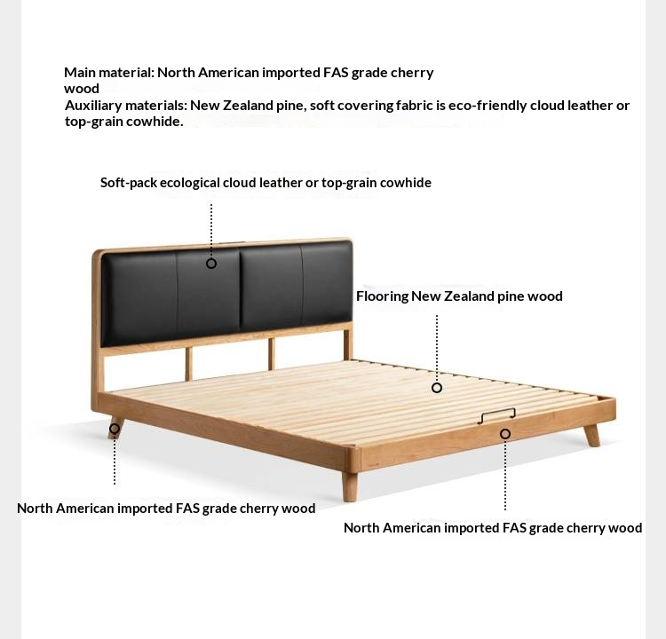 Cherry Solid Wood Bed with Top Layer Cowhide Soft Headboard Retro Style