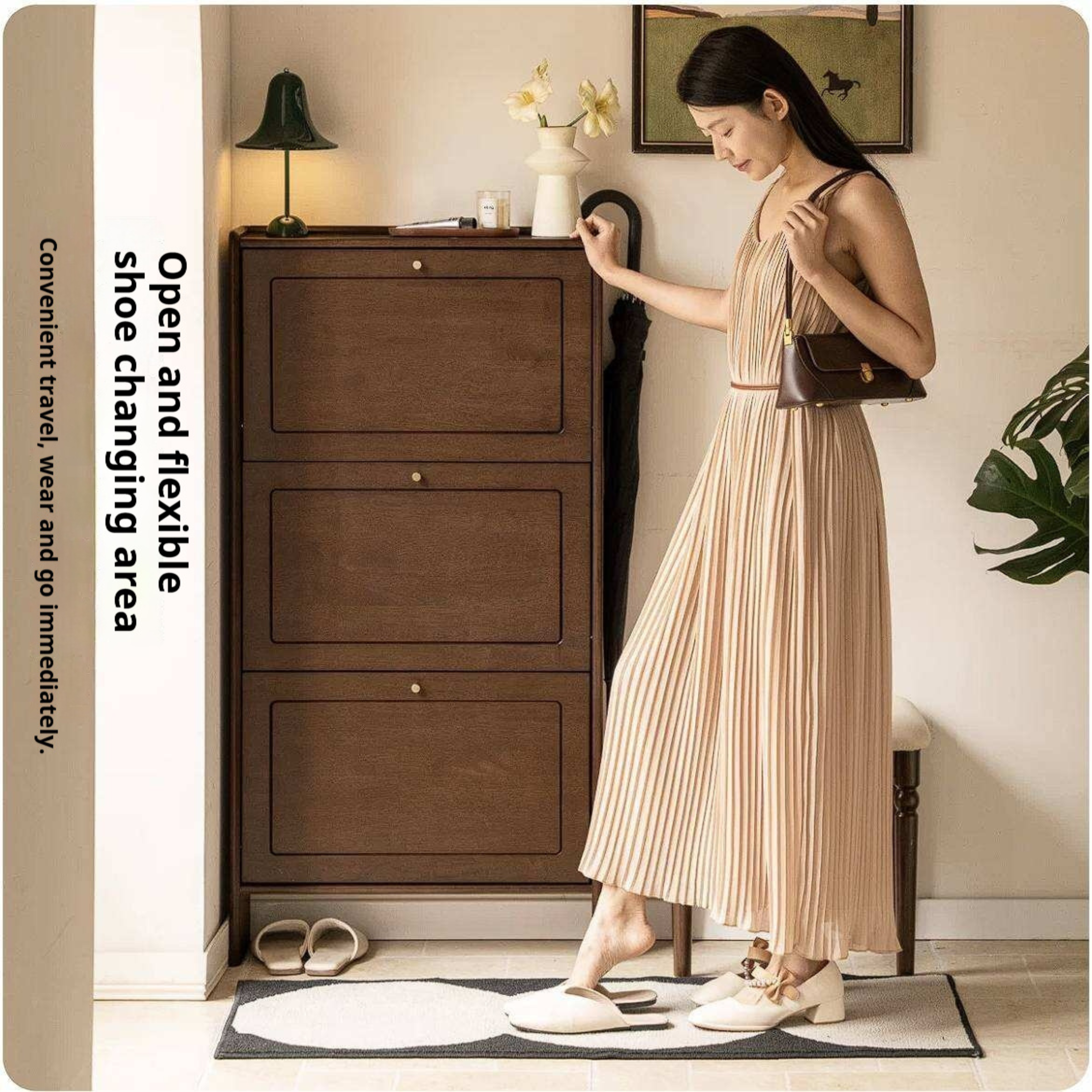 Rubberwood Solid Wood Shoe Cabinet with Space Saving Flip Storage