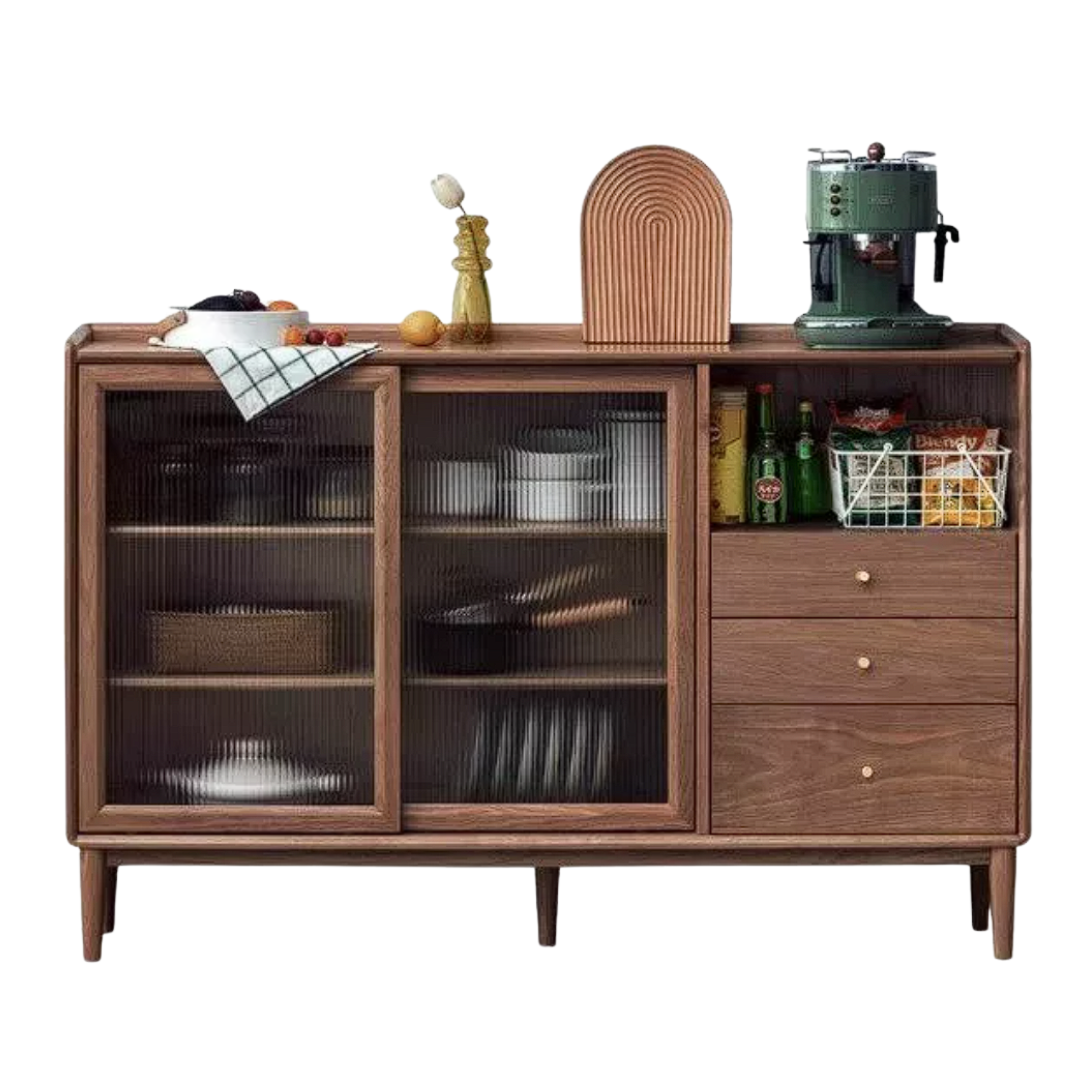 Black Walnut, Oak, Rubberwood Solid Wood Sideboard with Fluted Glass Sliding Doors