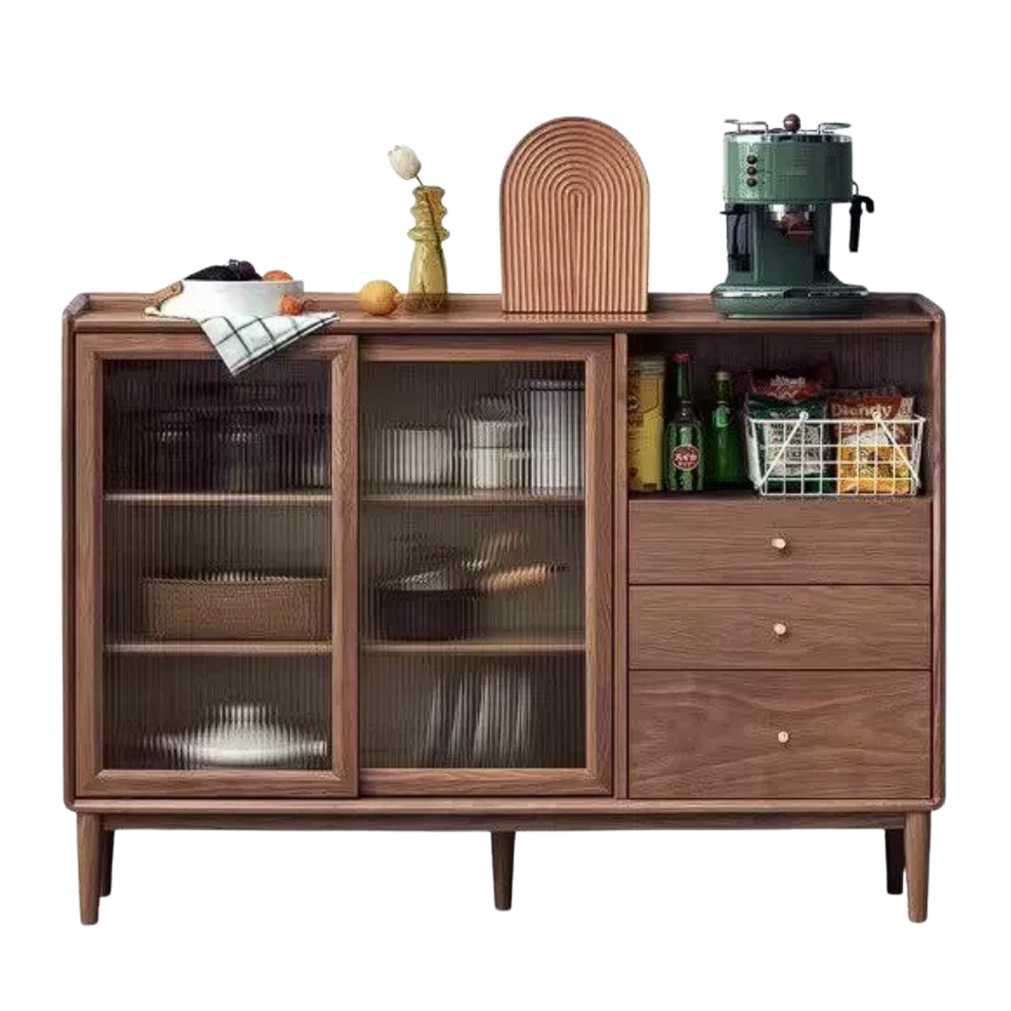 Black Walnut, Oak, Rubberwood Solid Wood Sideboard with Fluted Glass Sliding Doors