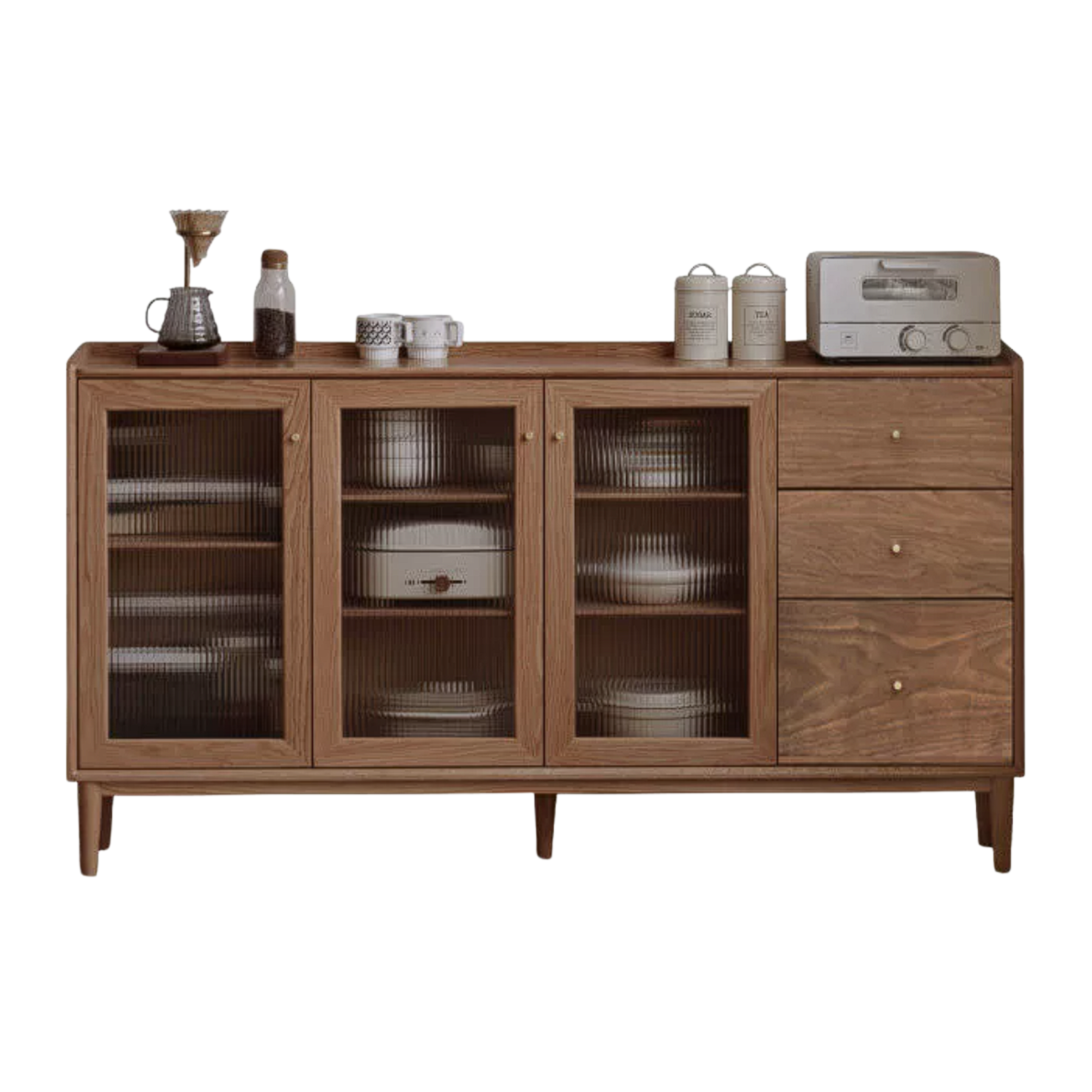 Black Walnut, Oak, Rubberwood Solid Wood Sideboard with Fluted Glass Sliding Doors