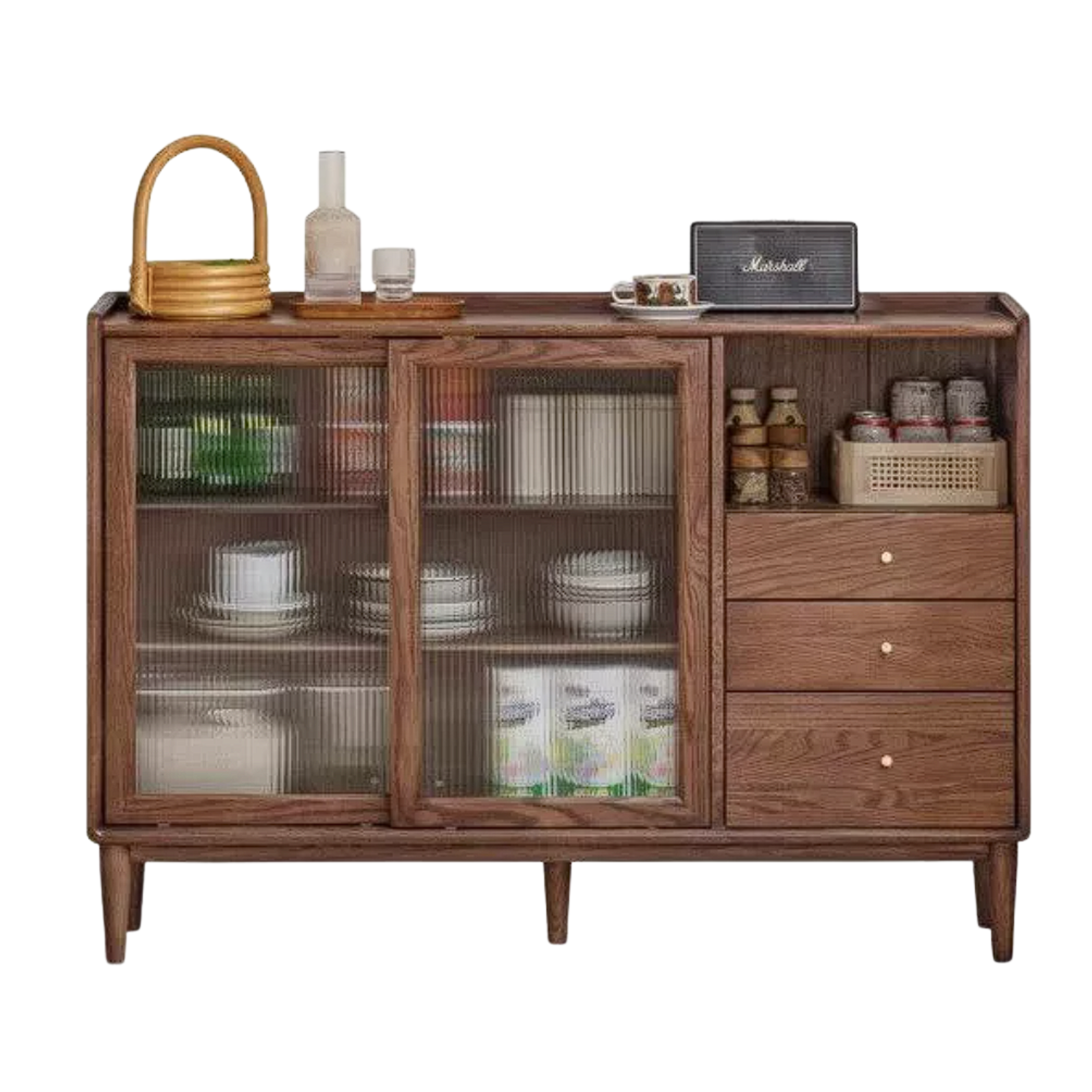 Black Walnut, Oak, Rubberwood Solid Wood Sideboard with Fluted Glass Sliding Doors