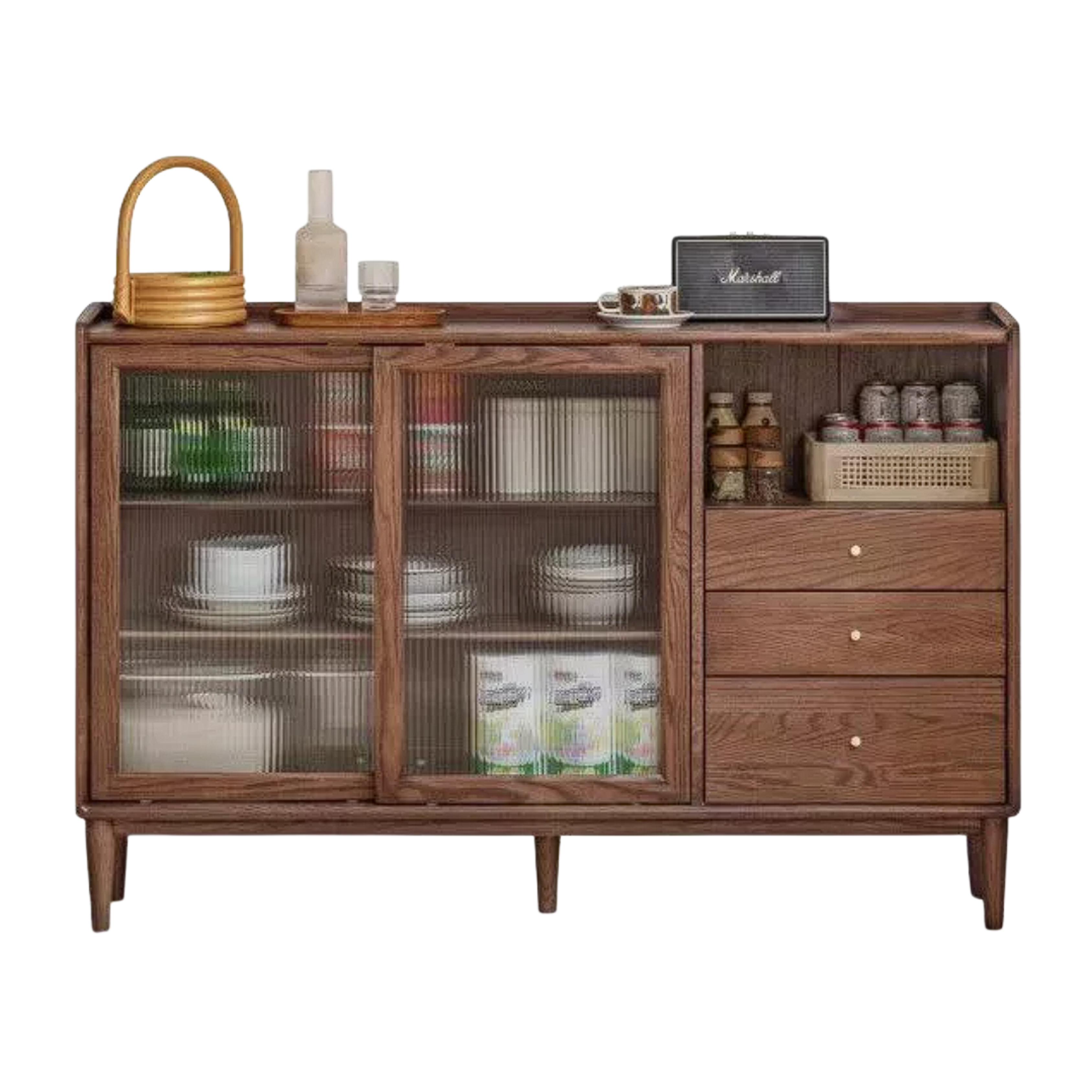 Black Walnut, Oak, Rubberwood Solid Wood Sideboard with Fluted Glass Sliding Doors