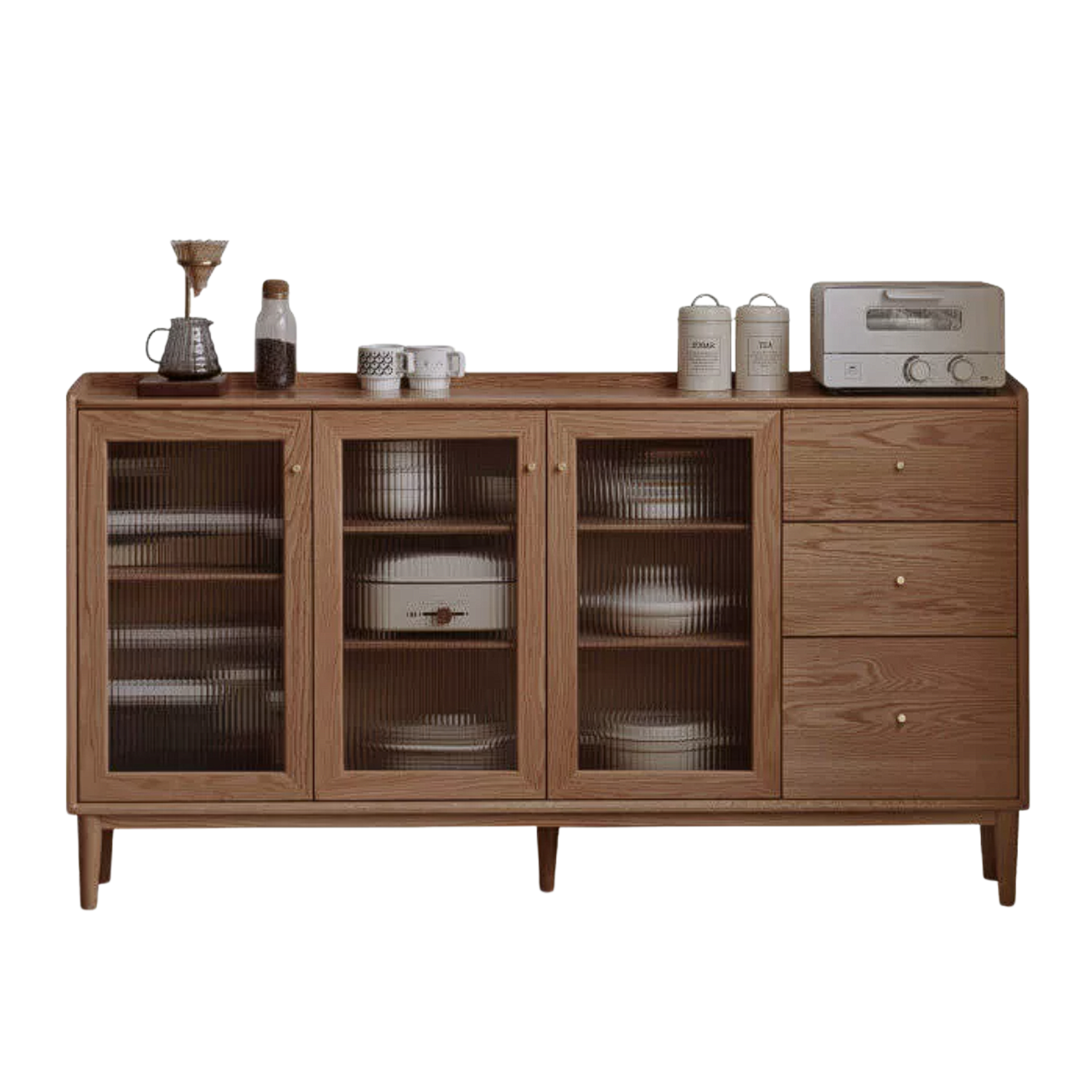 Black Walnut, Oak, Rubberwood Solid Wood Sideboard with Fluted Glass Sliding Doors