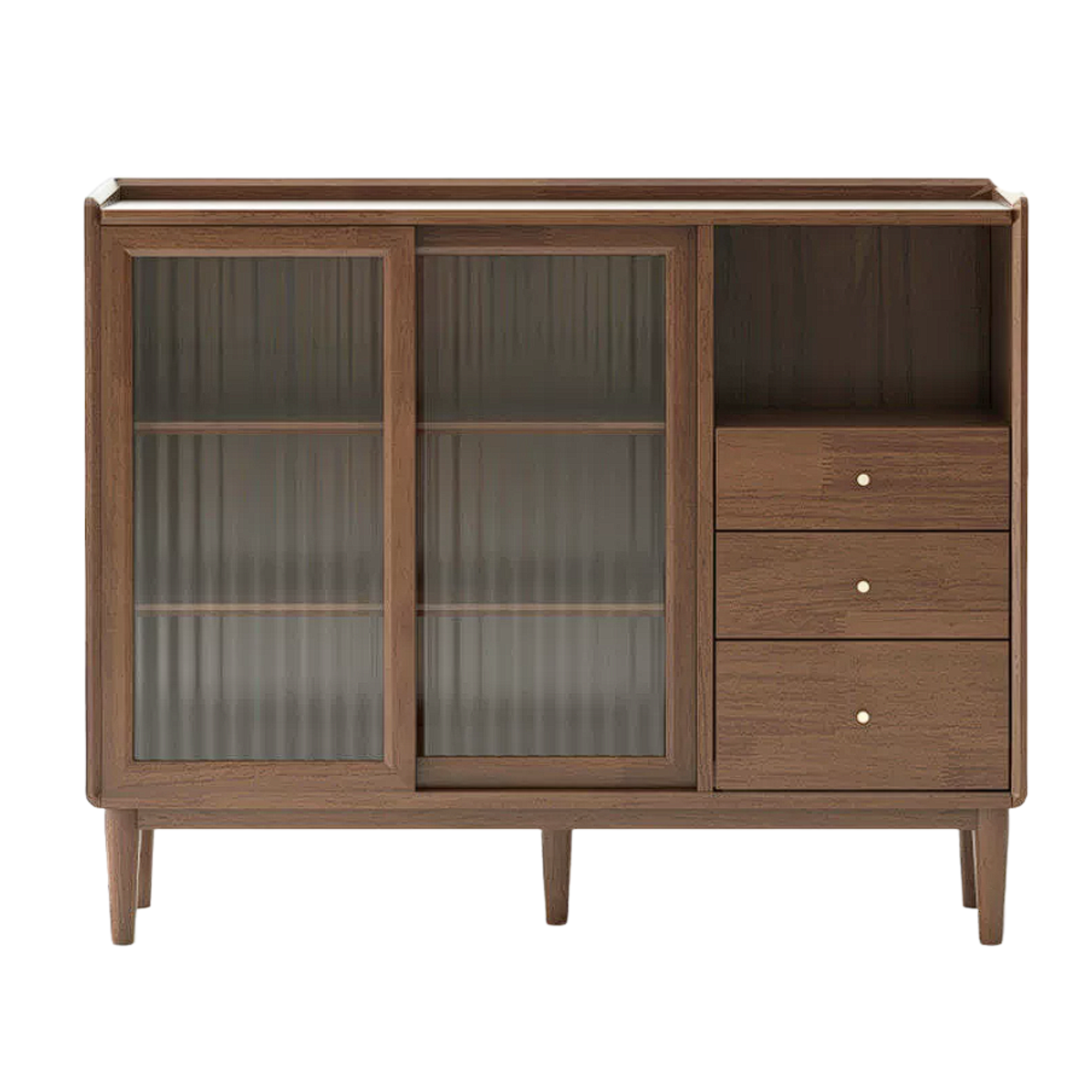 Black Walnut, Oak, Rubberwood Solid Wood Sideboard with Fluted Glass Sliding Doors
