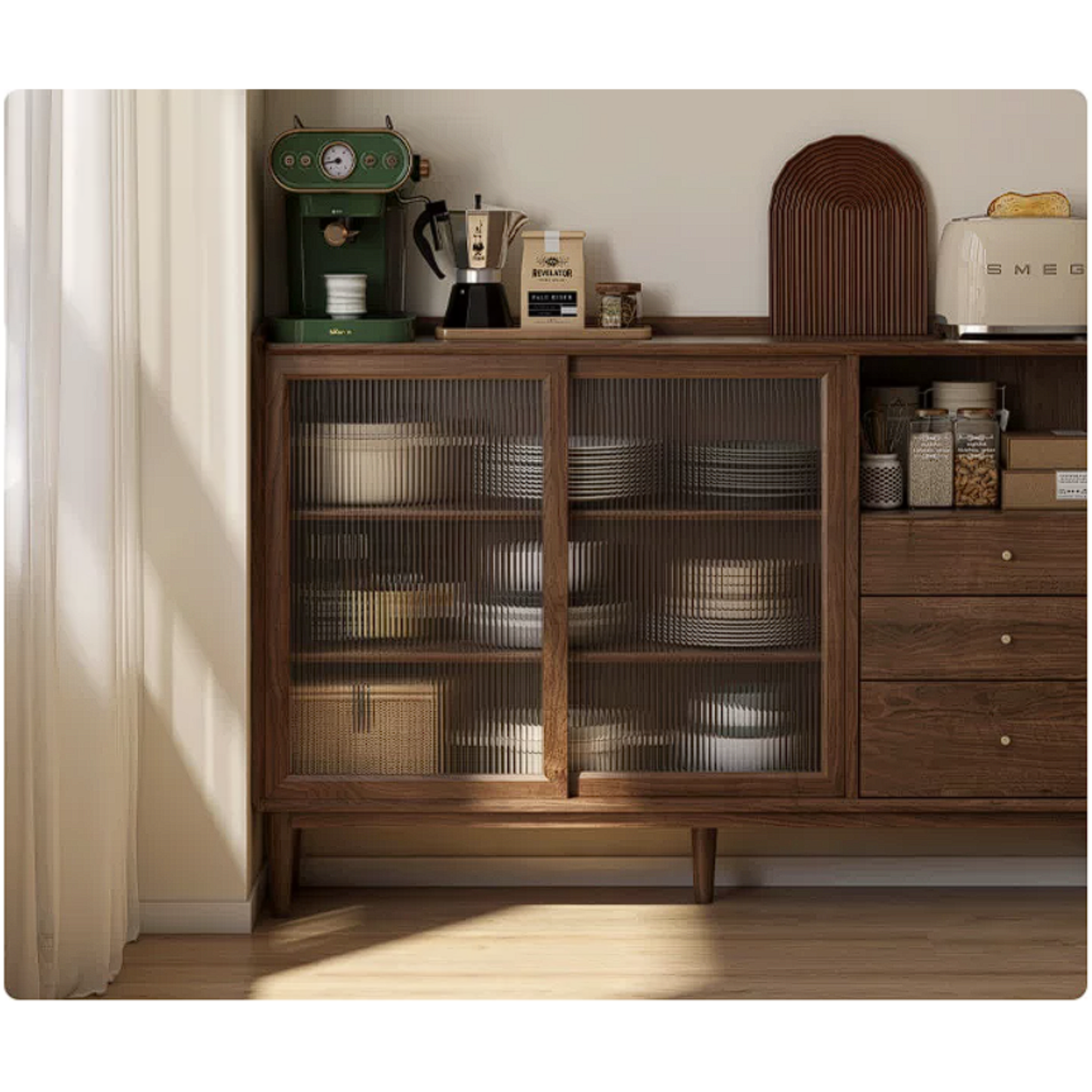 Black Walnut, Oak, Rubberwood Solid Wood Sideboard with Fluted Glass Sliding Doors