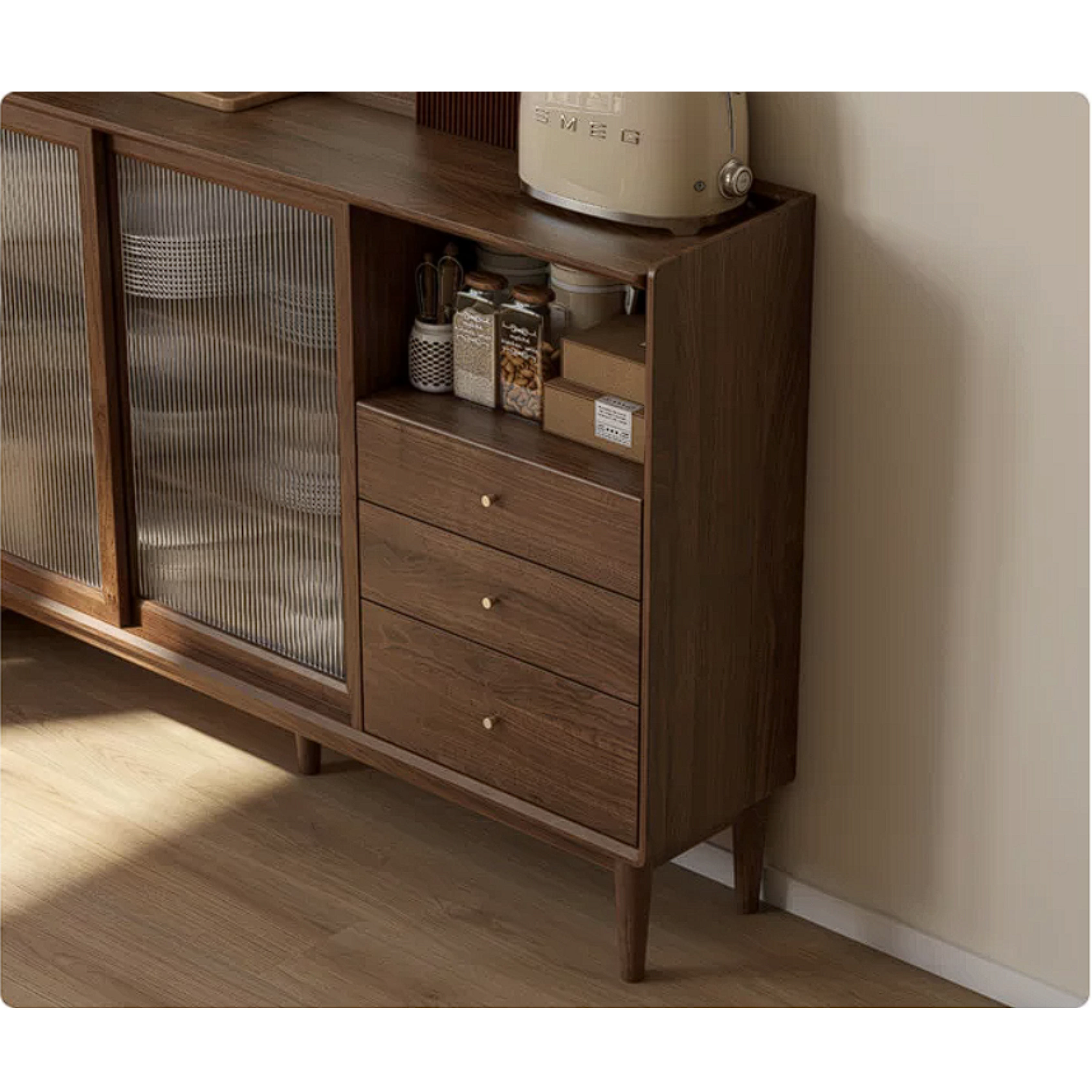 Black Walnut, Oak, Rubberwood Solid Wood Sideboard with Fluted Glass Sliding Doors