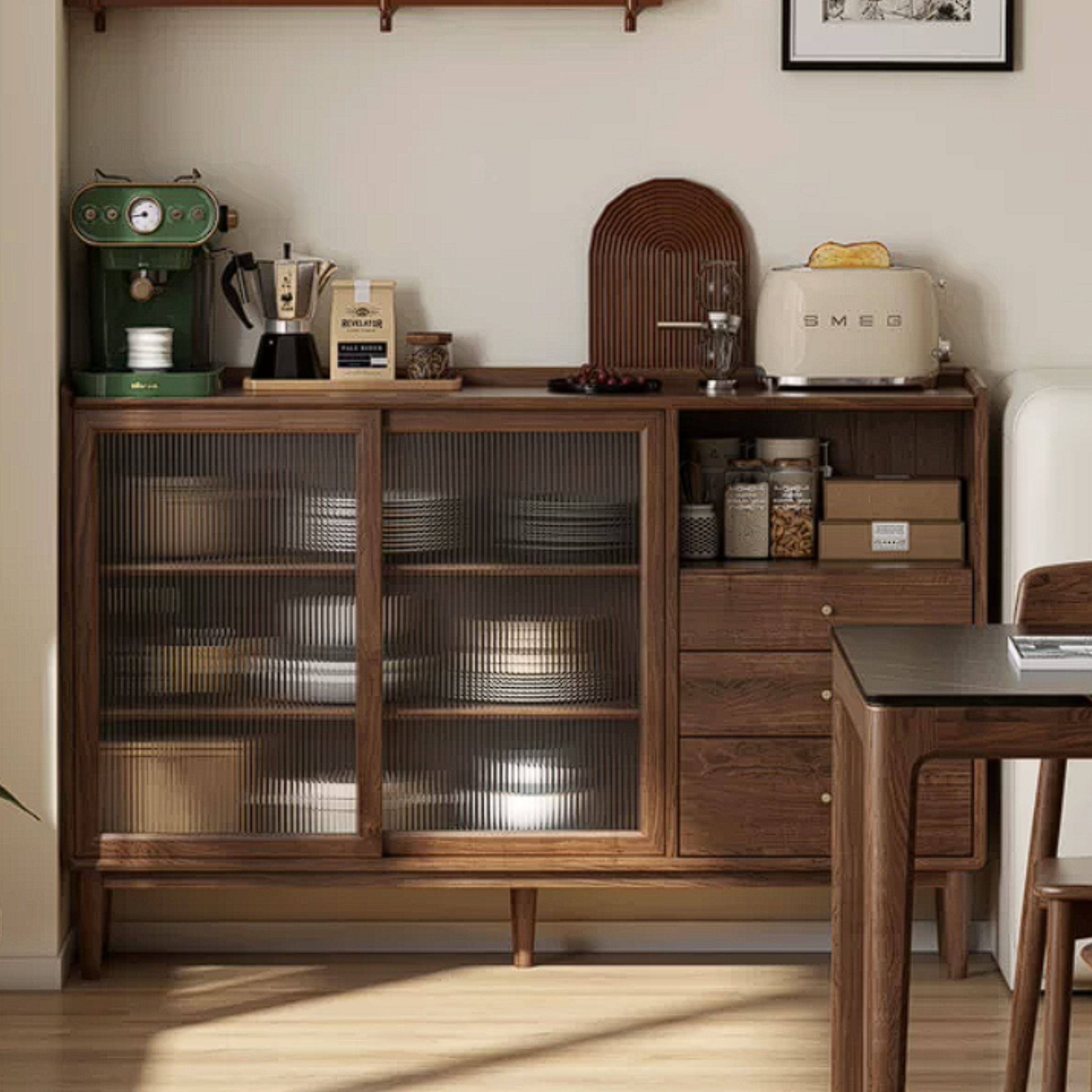Black Walnut, Oak, Rubberwood Solid Wood Sideboard with Fluted Glass Sliding Doors